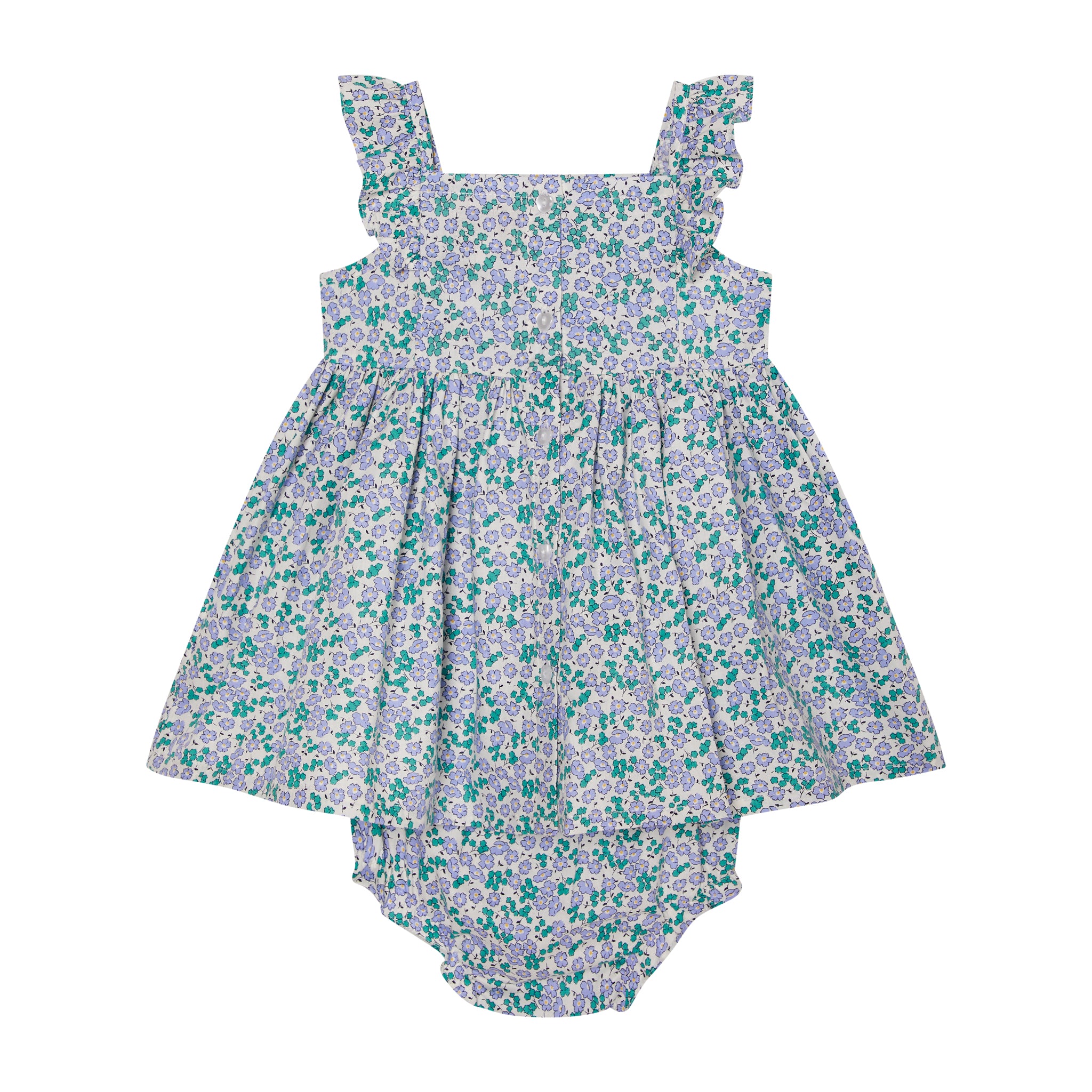 white and lilac baby sundress with bloomers, floral, front