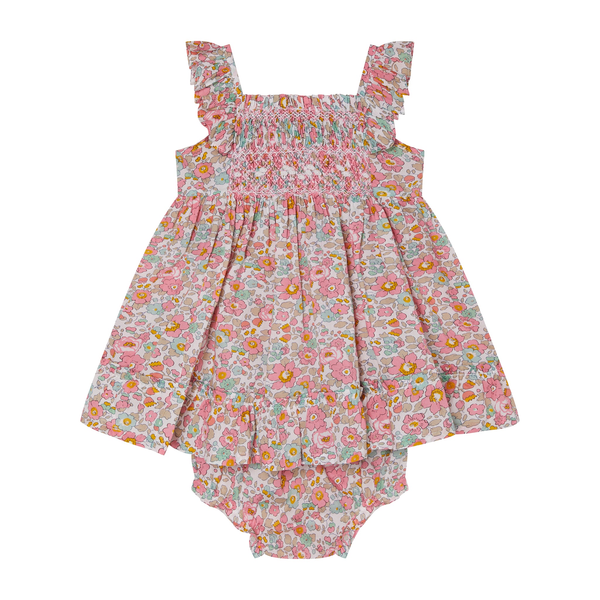 baby sundress made from Liberty Betsy fabric, hand-smocked, front