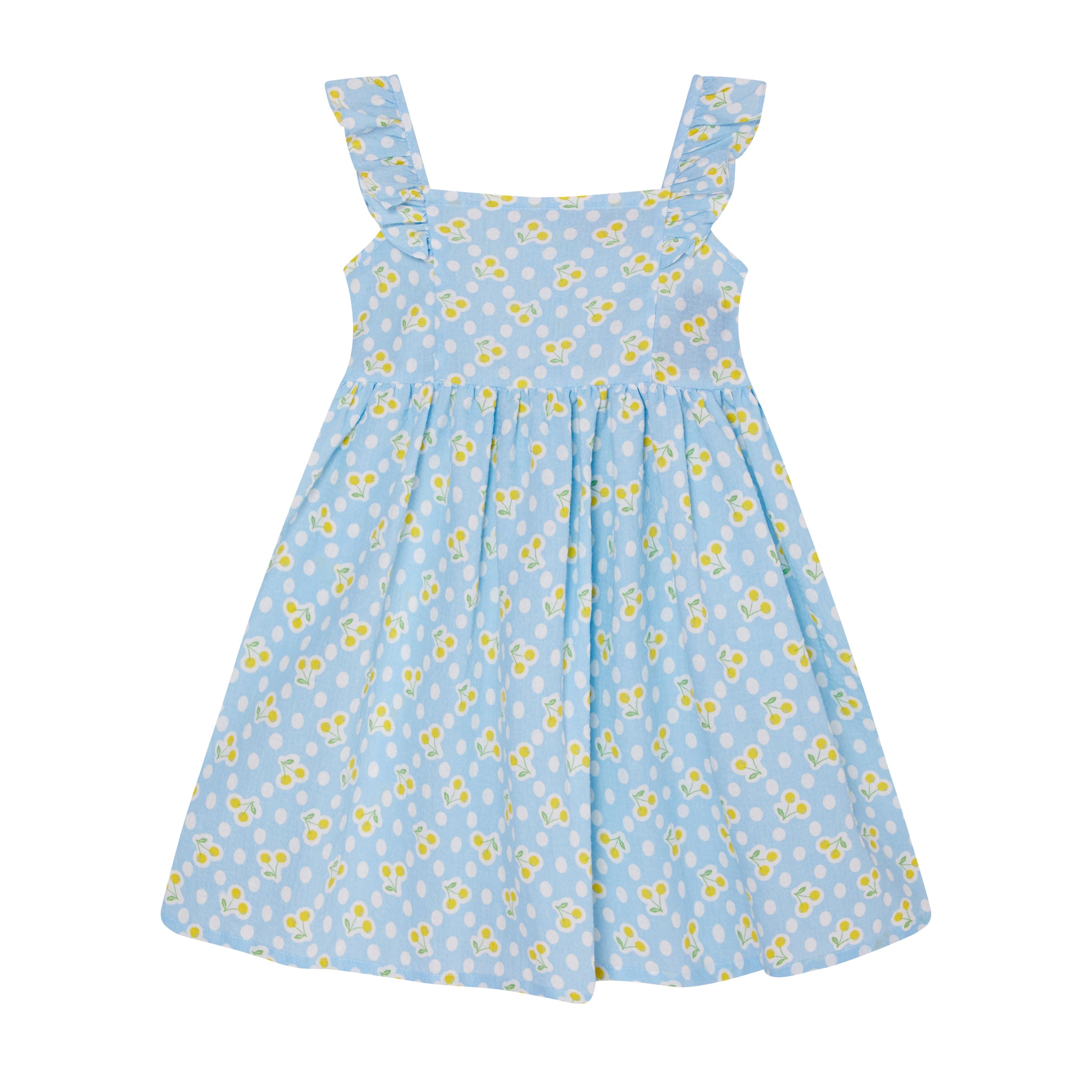 girls baby blue and yellow cherry print sundress, cotton,front