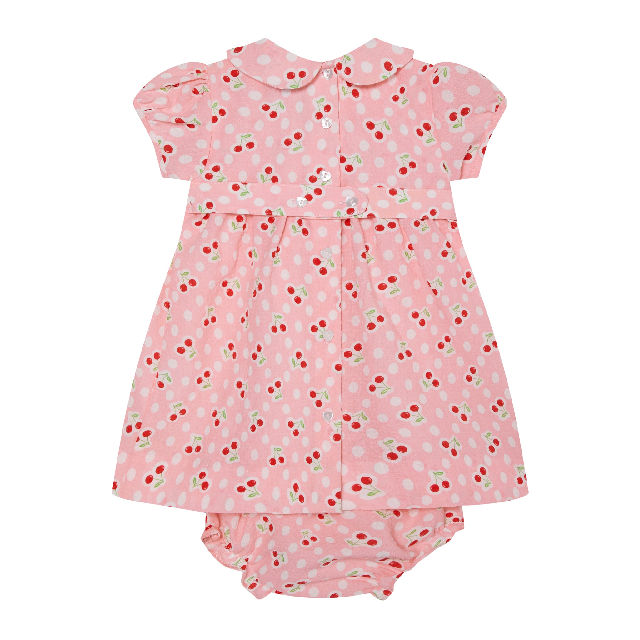 pink cherry print smocked baby dress with bloomer, back

