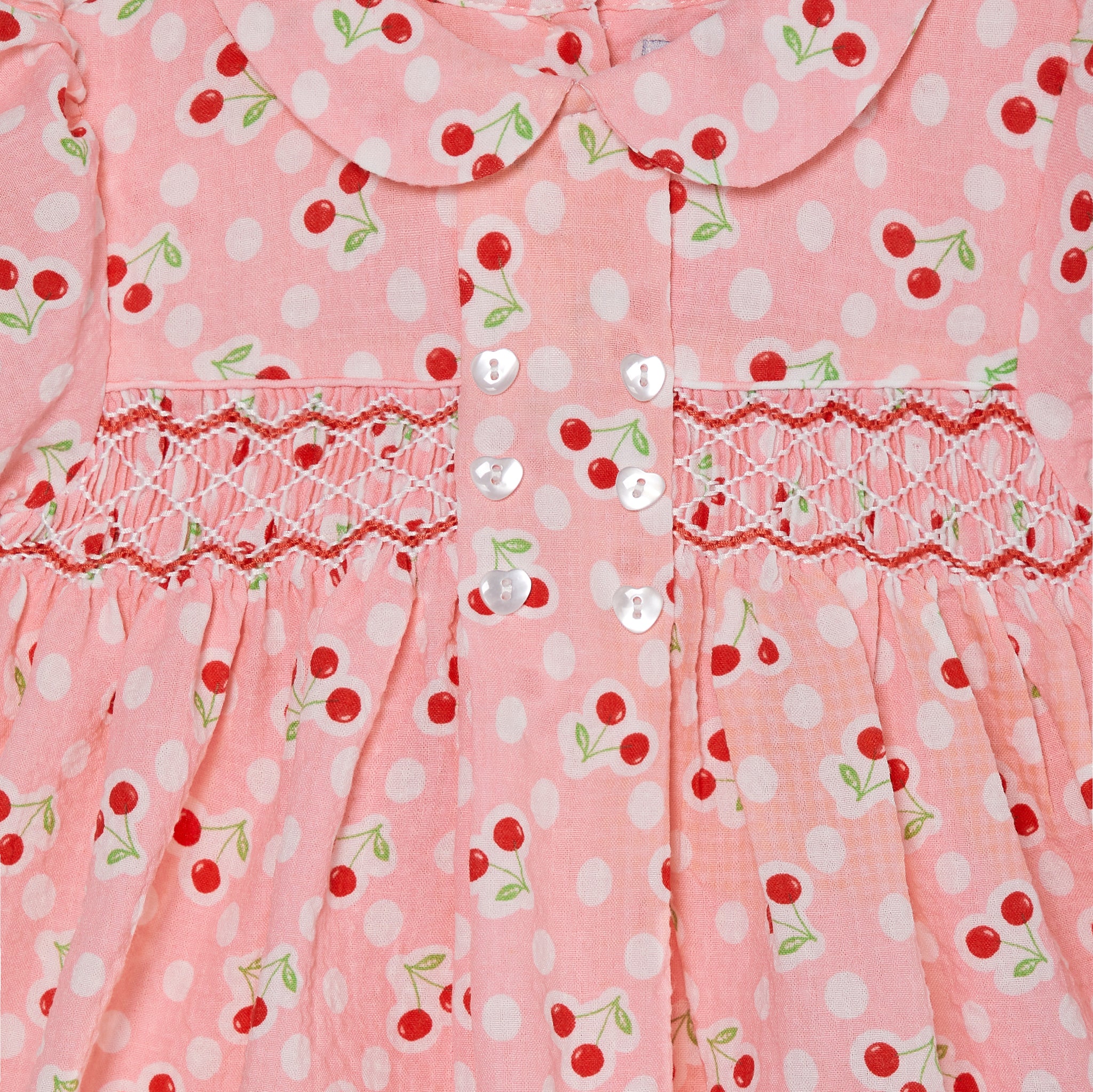 pink cherry print smocked baby dress with bloomer, detail
