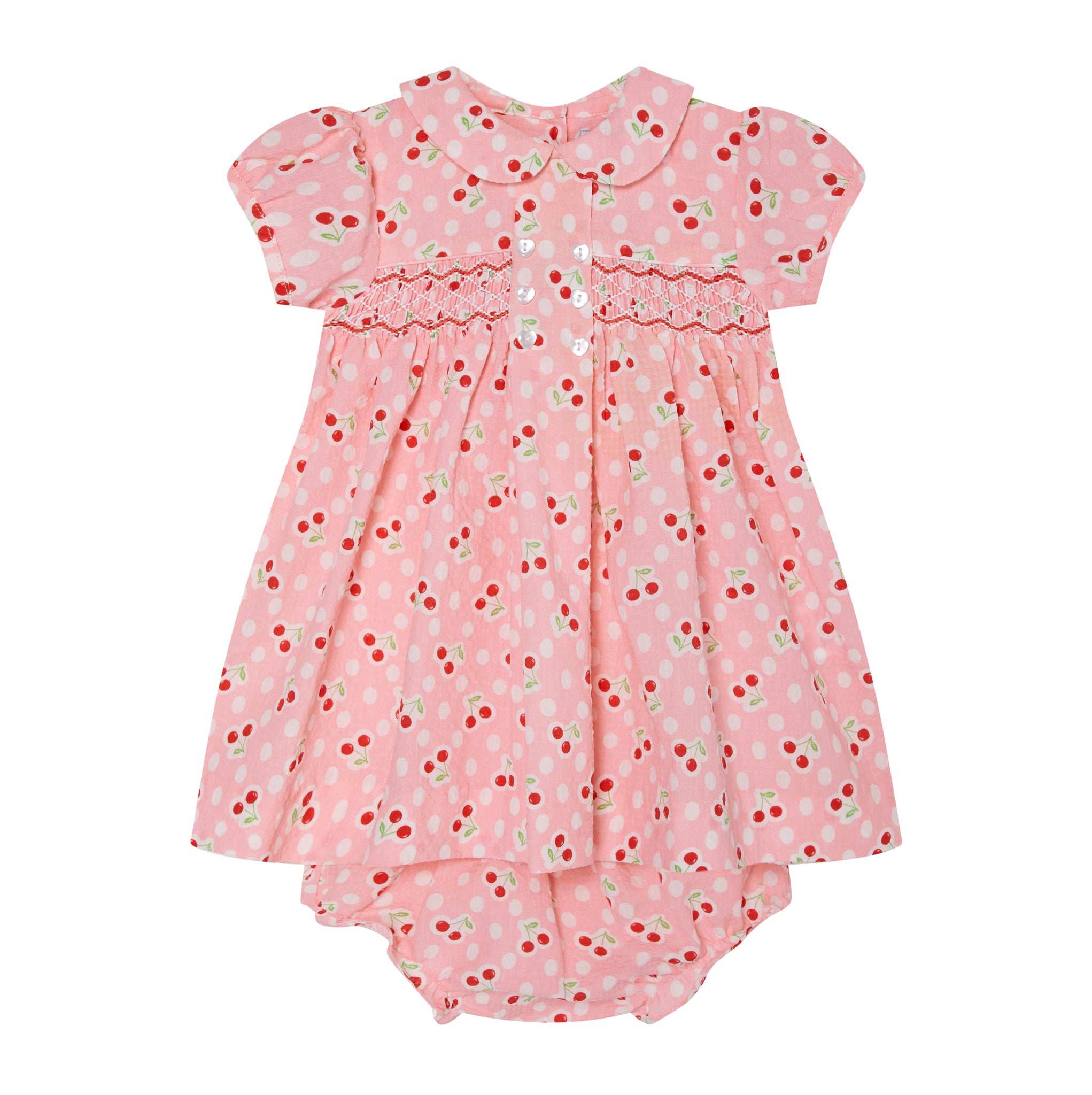 pink cherry print smocked baby dress with bloomer, front