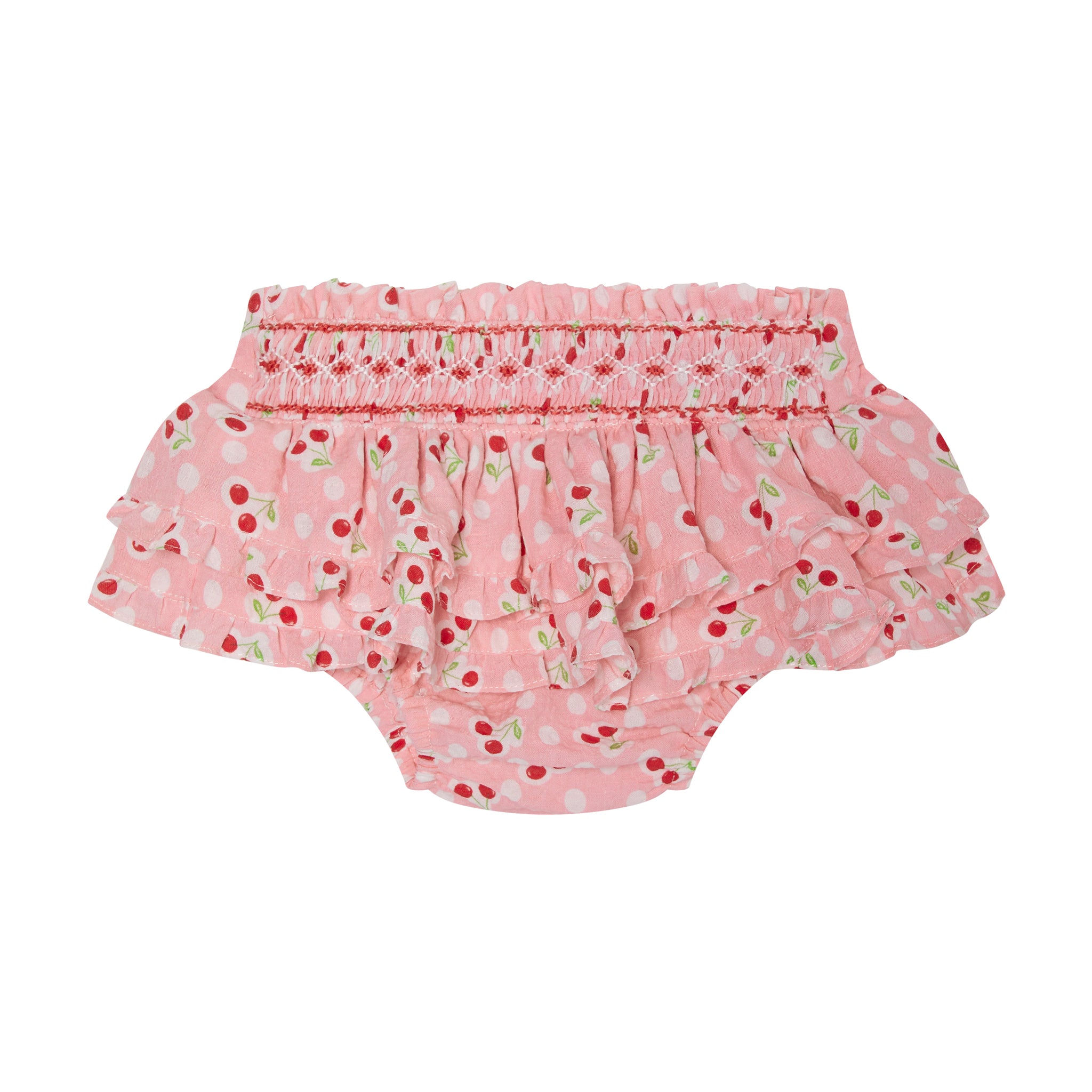 pink cherry print baby skort with smocking, front