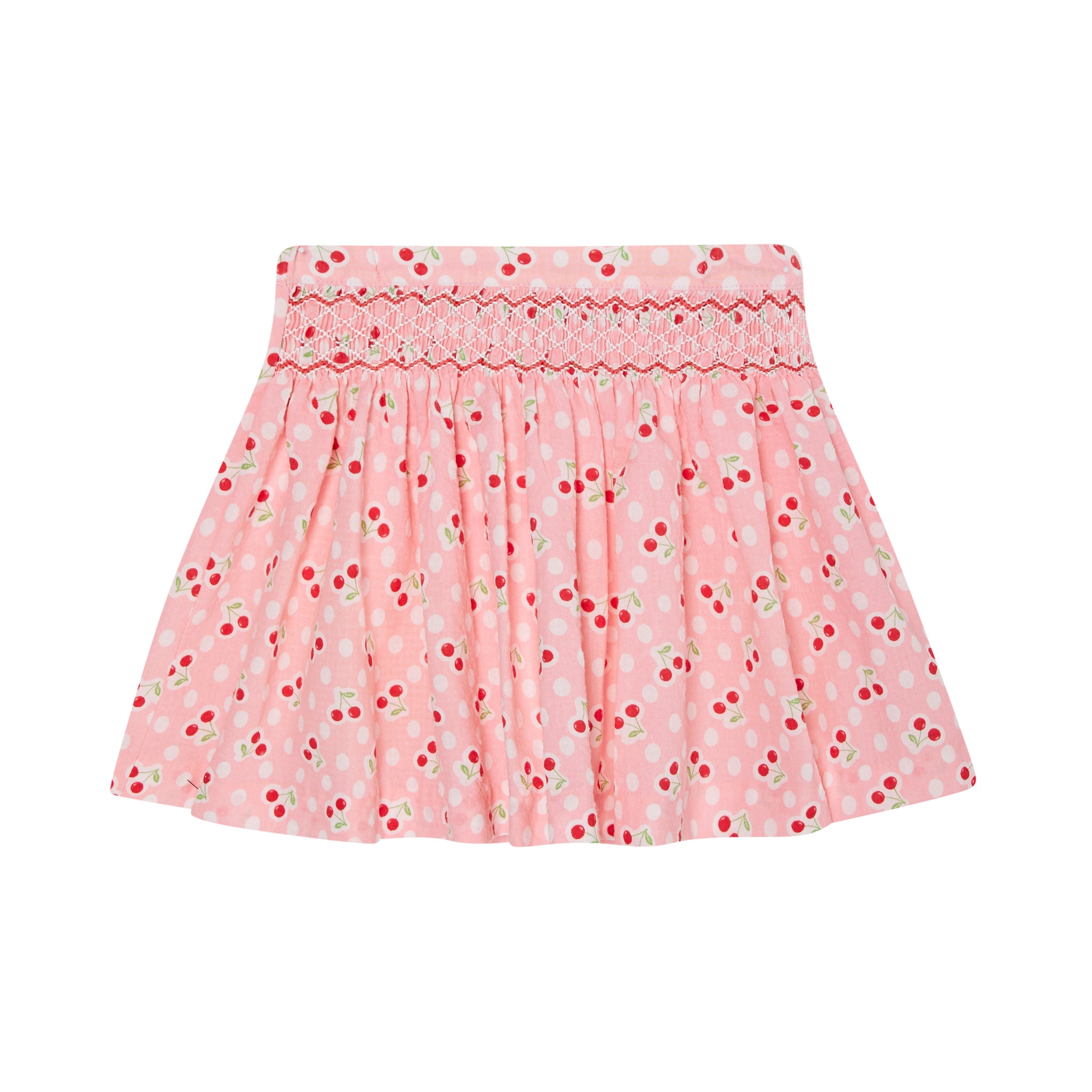 pink cherry print skirt with hand smocking, front