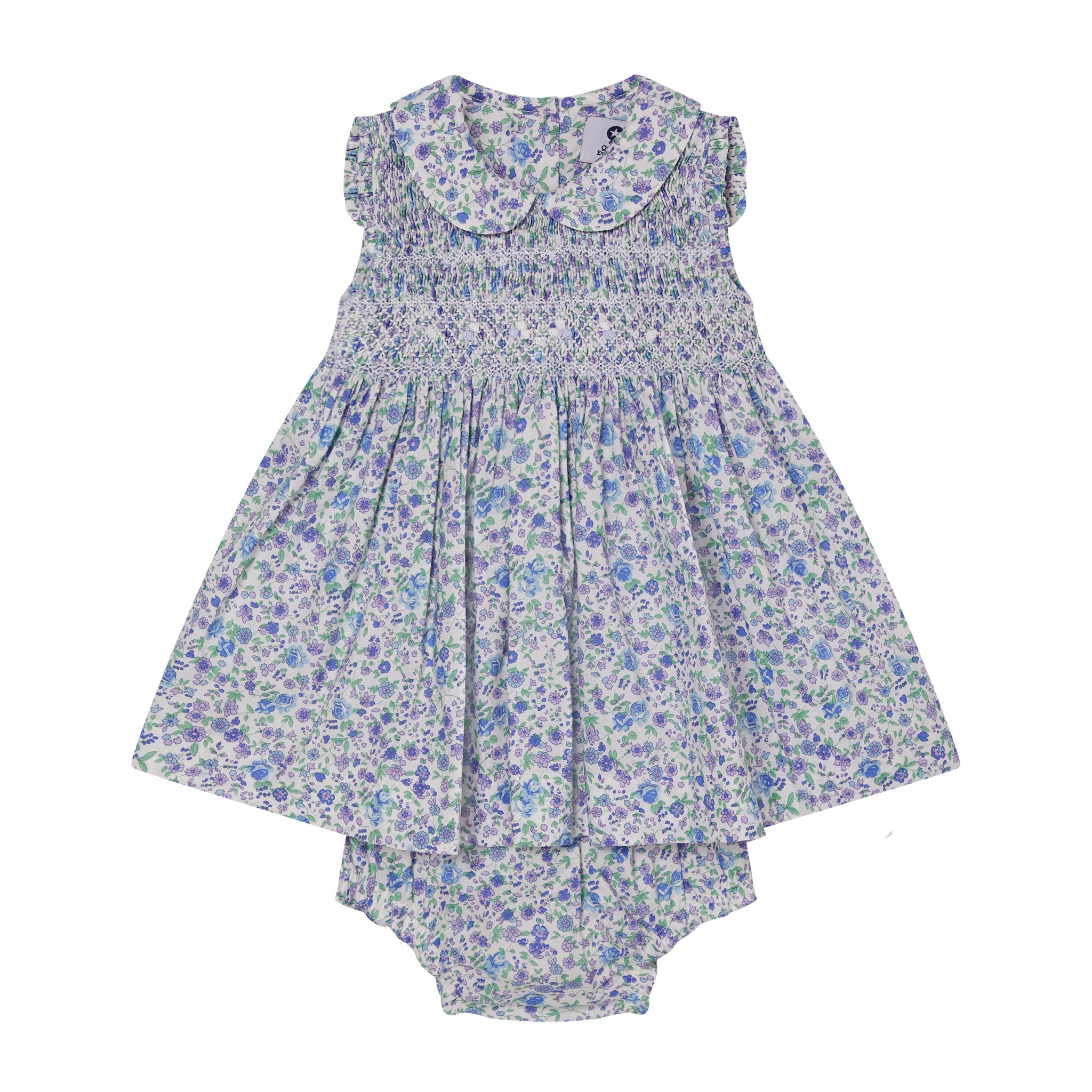 lilac floral baby dress with bloomers made from soft cotton, front