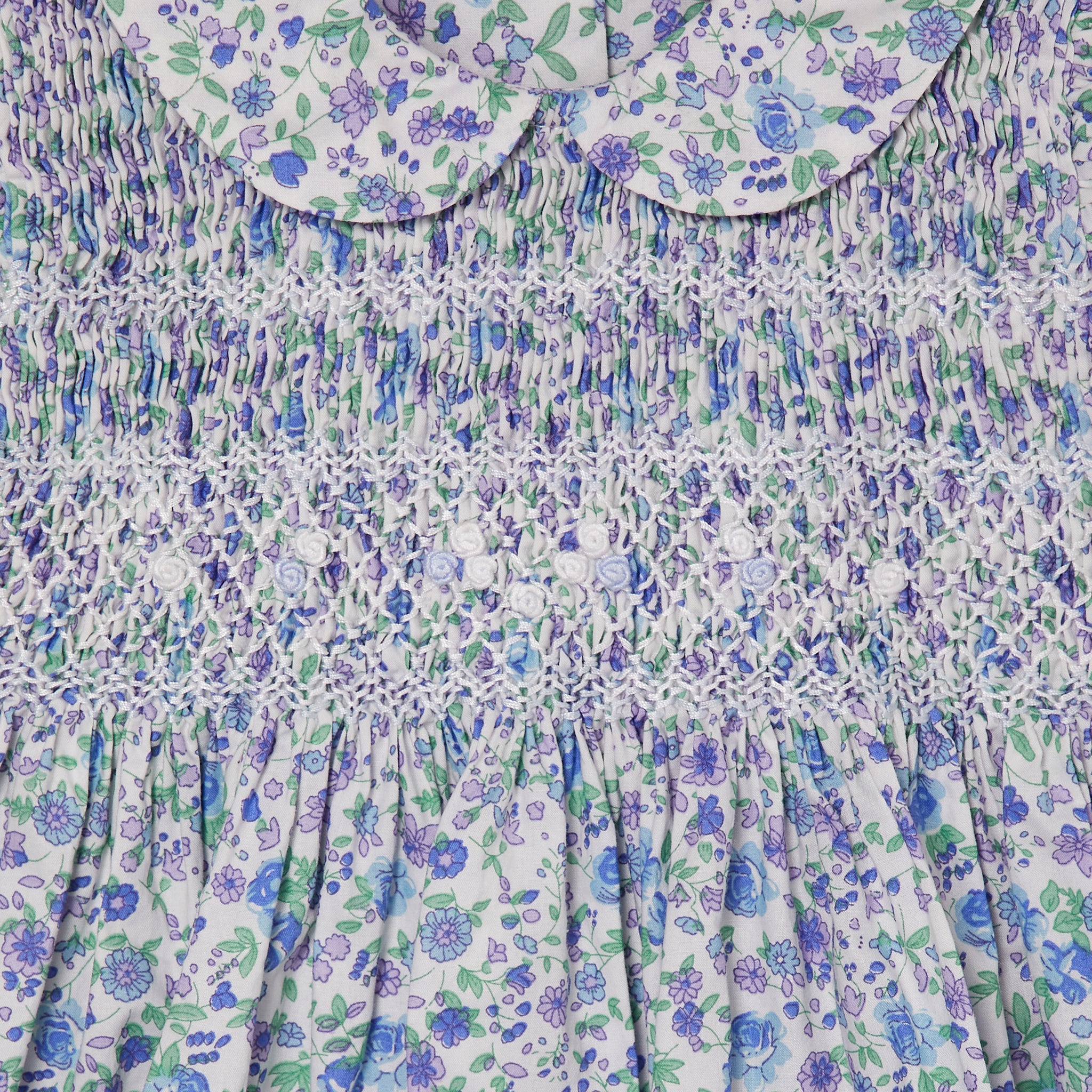 lilac floral baby dress , smocking closeup