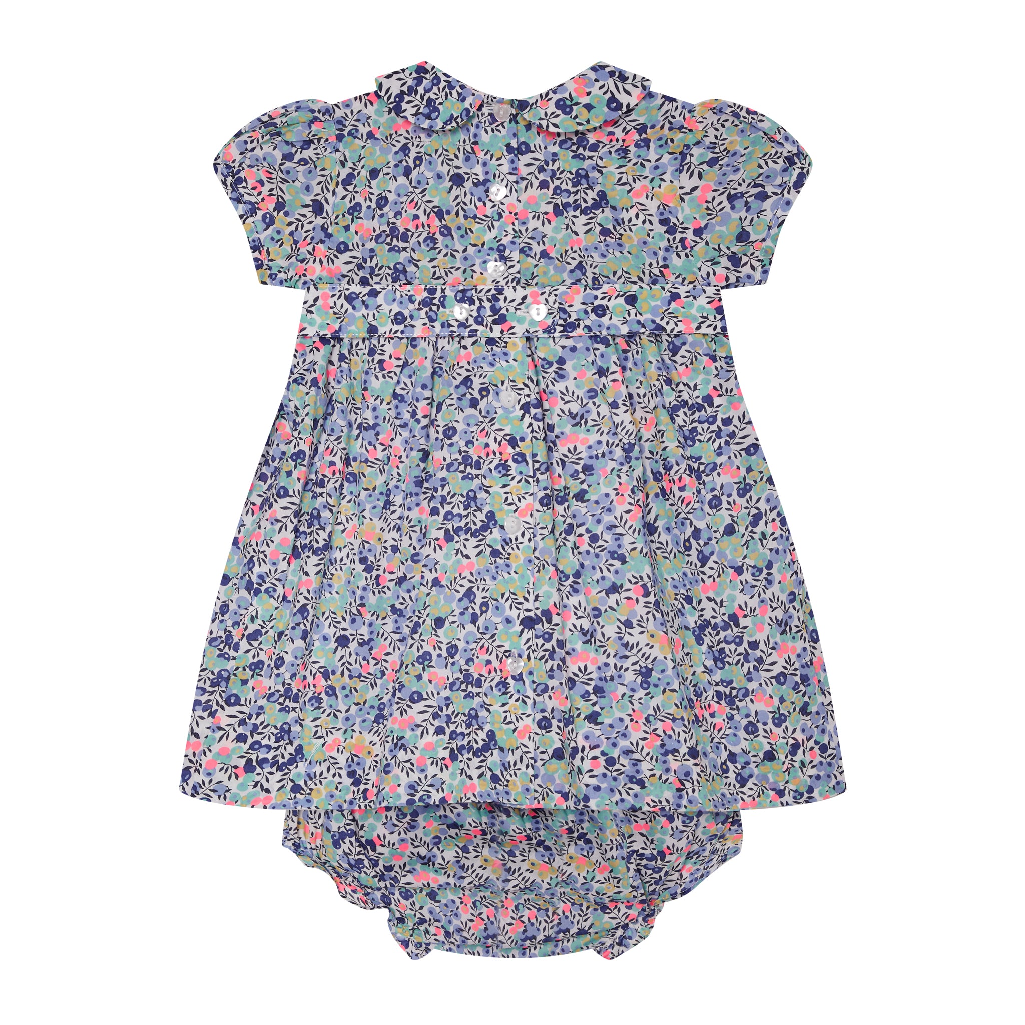 smocked baby dress made from Liberty fabric, berry print, back