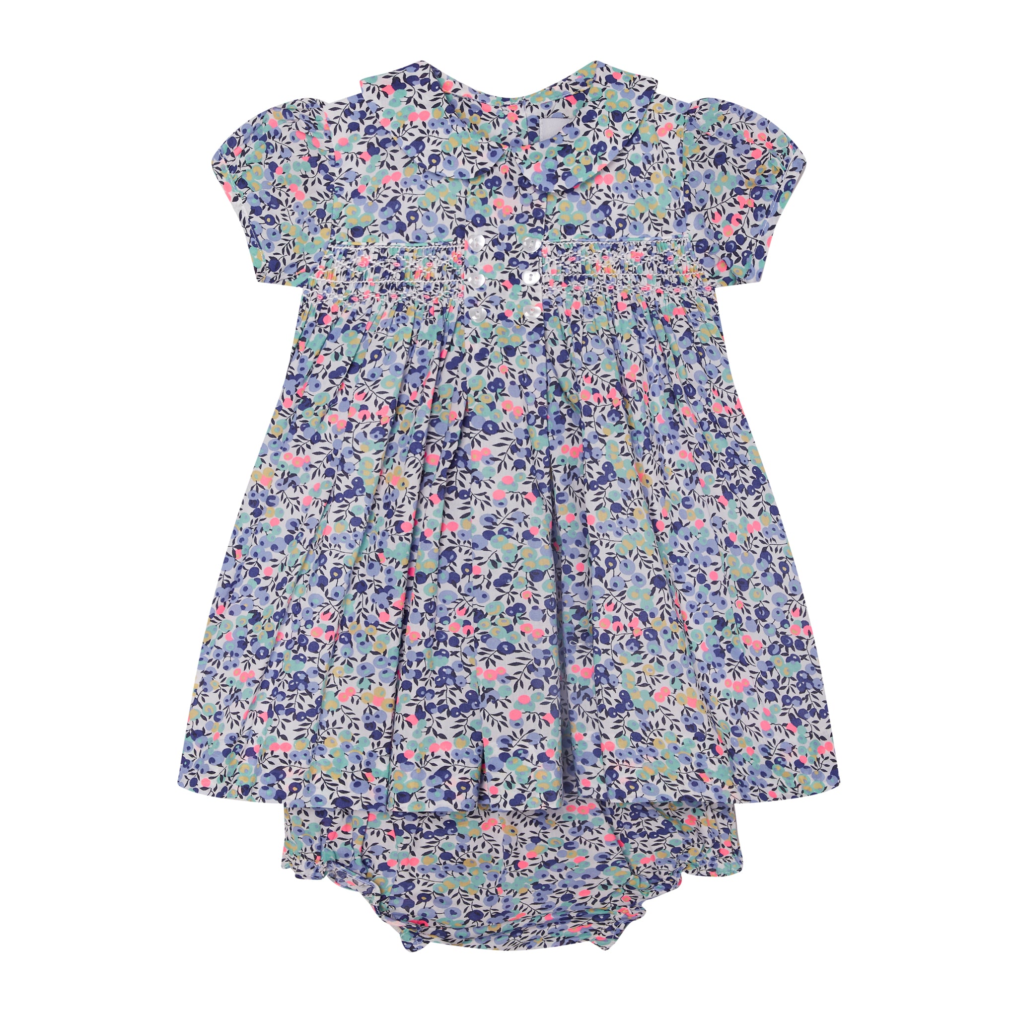 smocked baby dress made from Liberty fabric, berry print, front