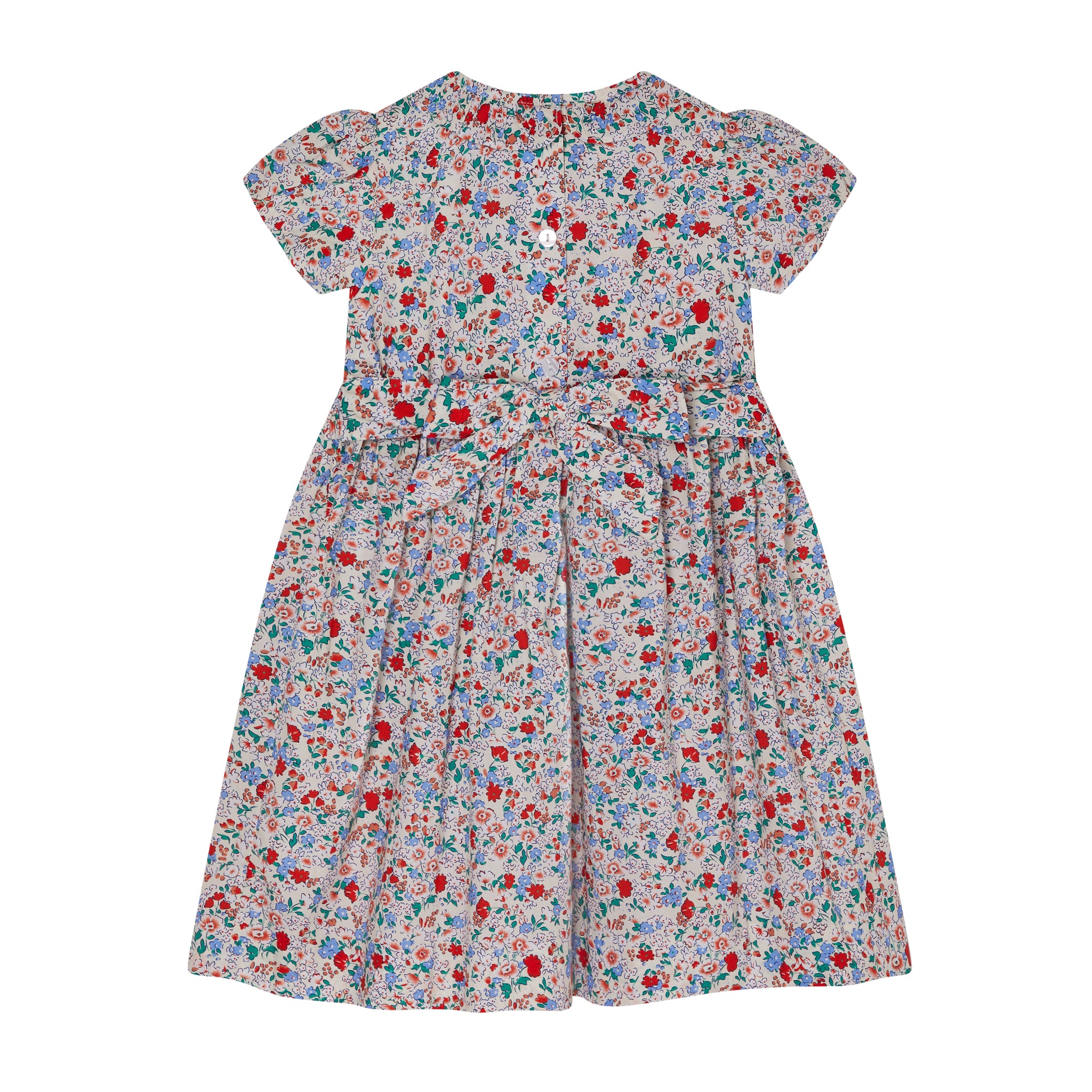 floral, hand-smocked girls dress, back