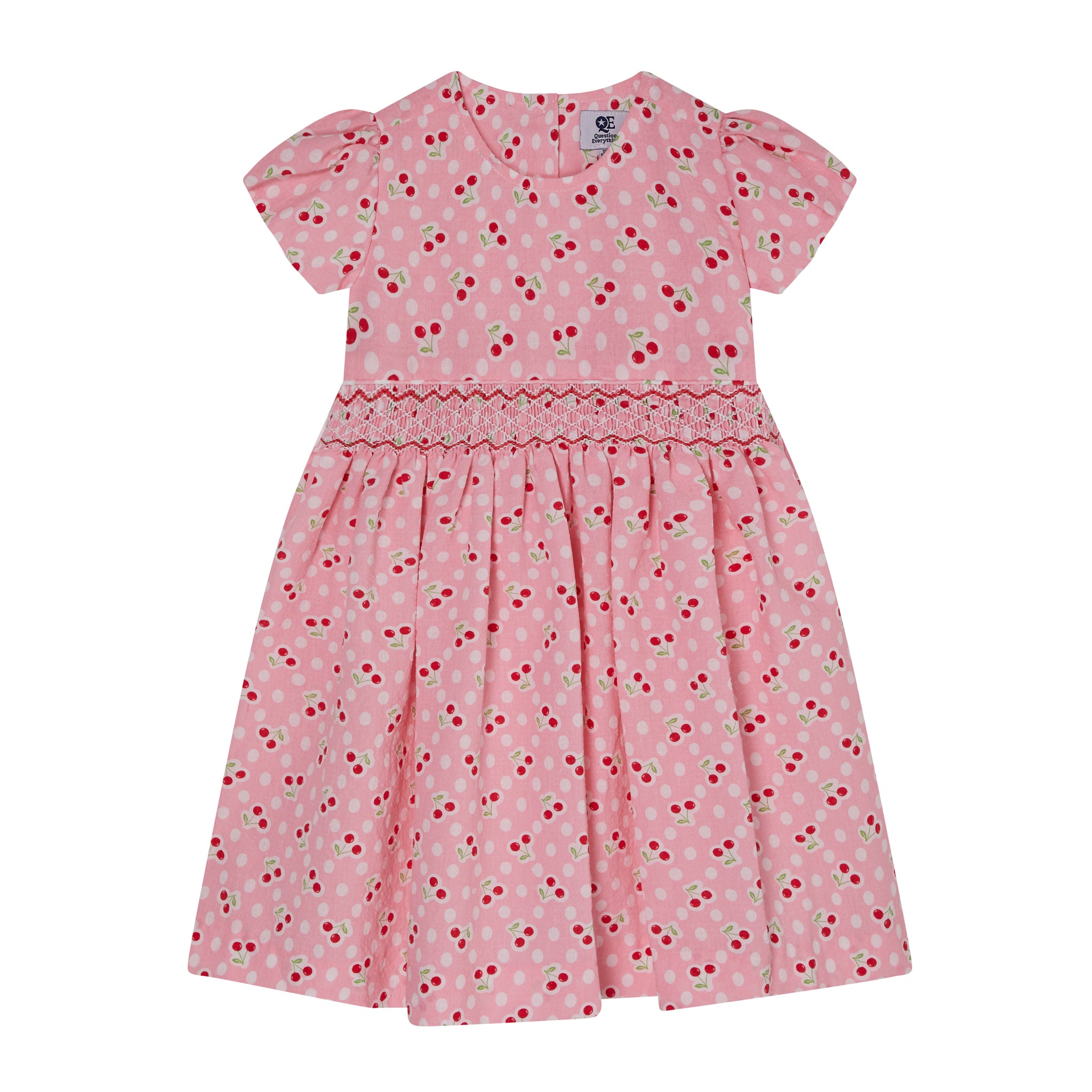 pink cherry print and polka dot dress, front