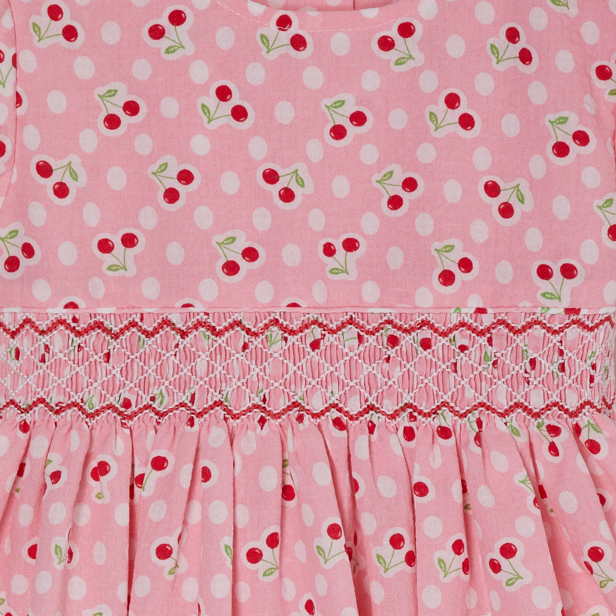 pink cherry print and polka dot dress, smocking close up