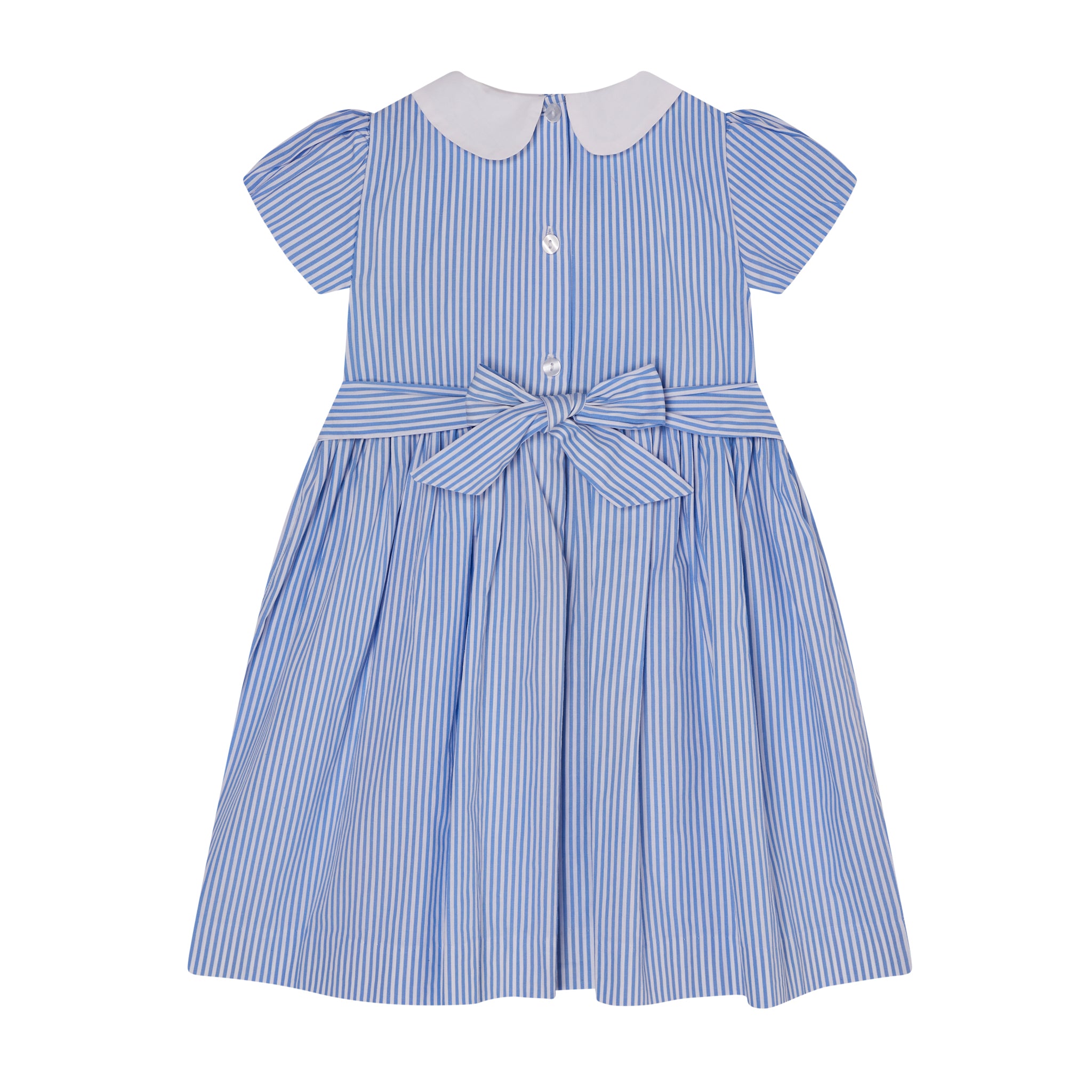 blue pinstripe dress with cherry smocking, back