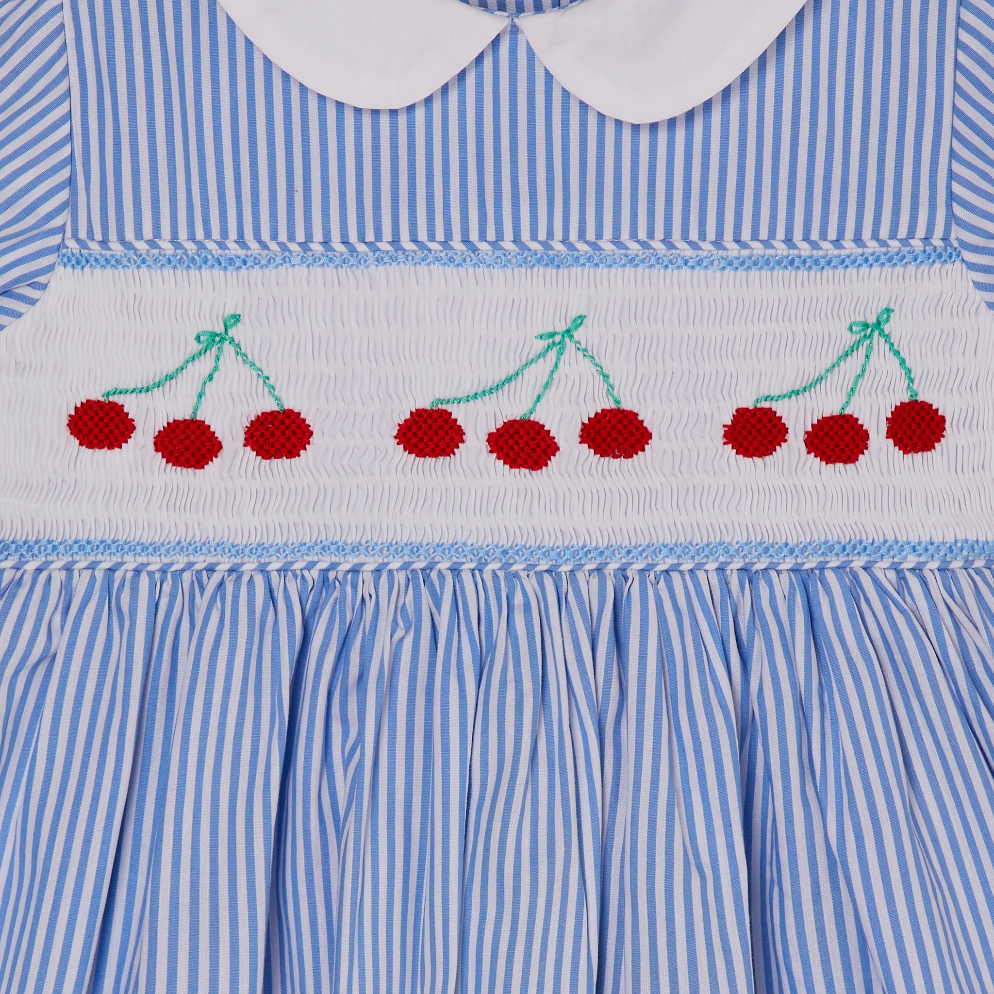 blue pinstripe dress with cherry smocking, smocking detail