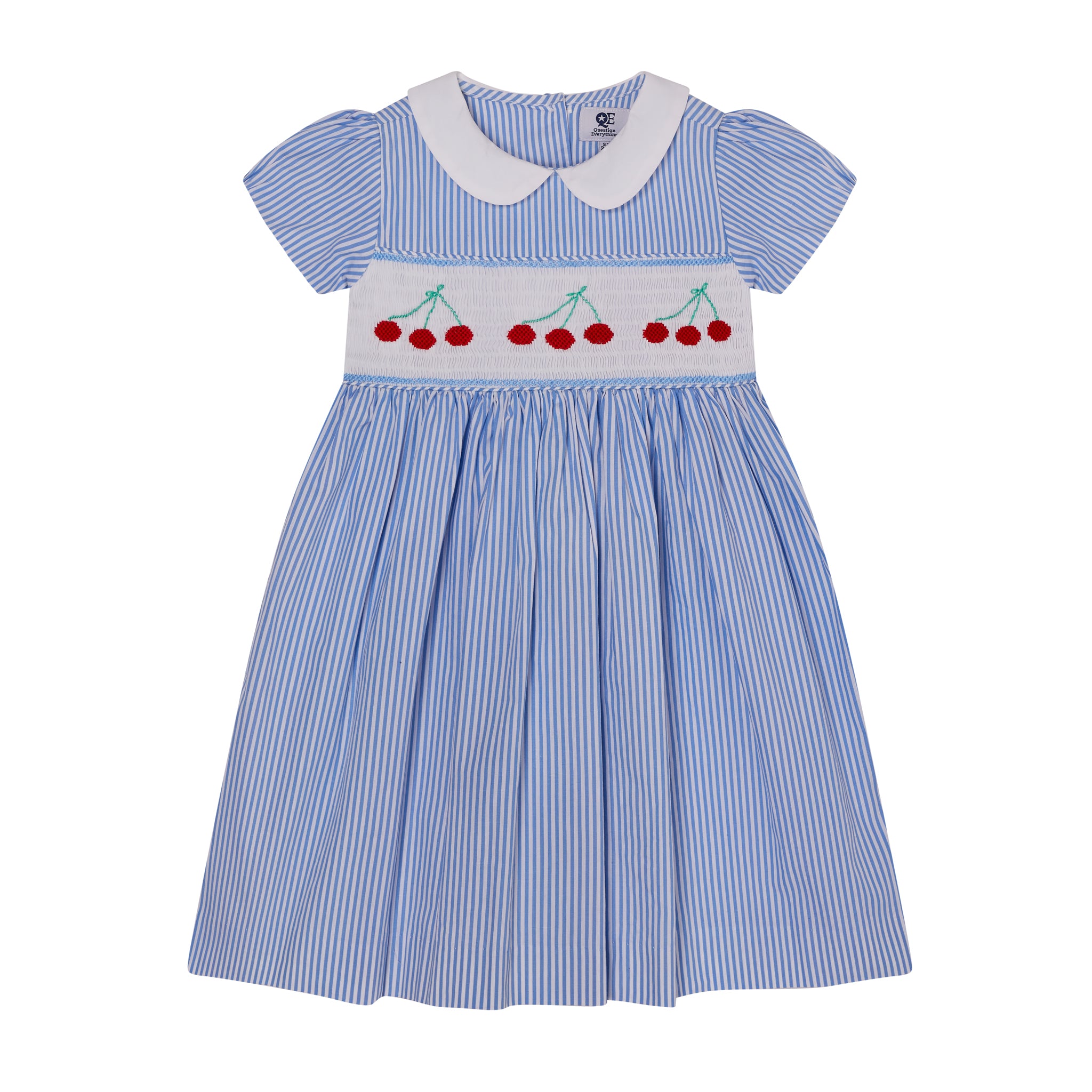 blue pinstripe dress with cherry smocking, front