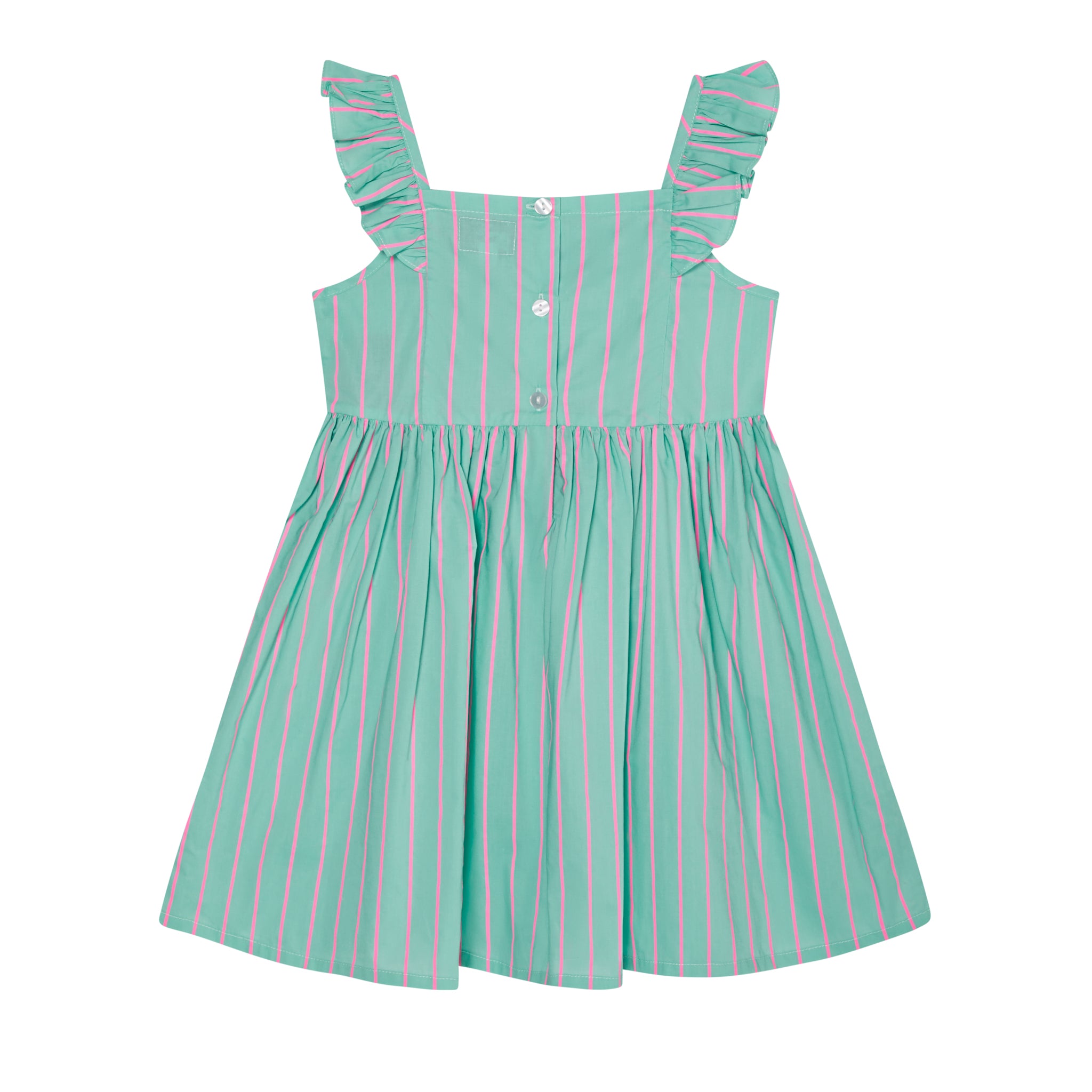 mint green sundress with pink pinstripes, back