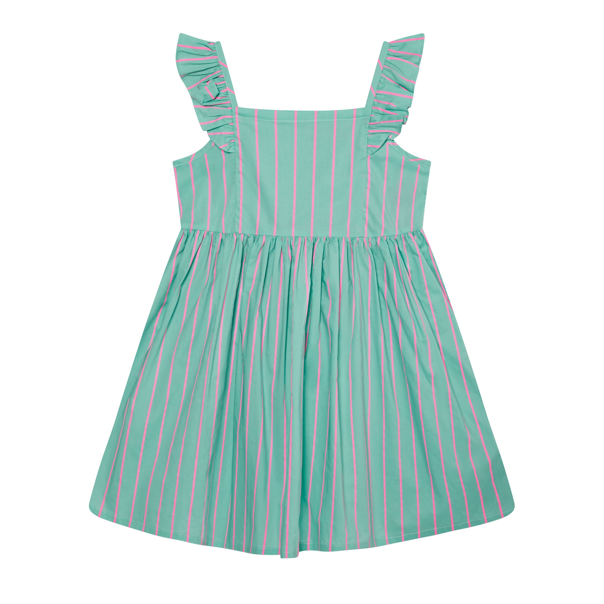 mint green sundress with pink pinstripes, front