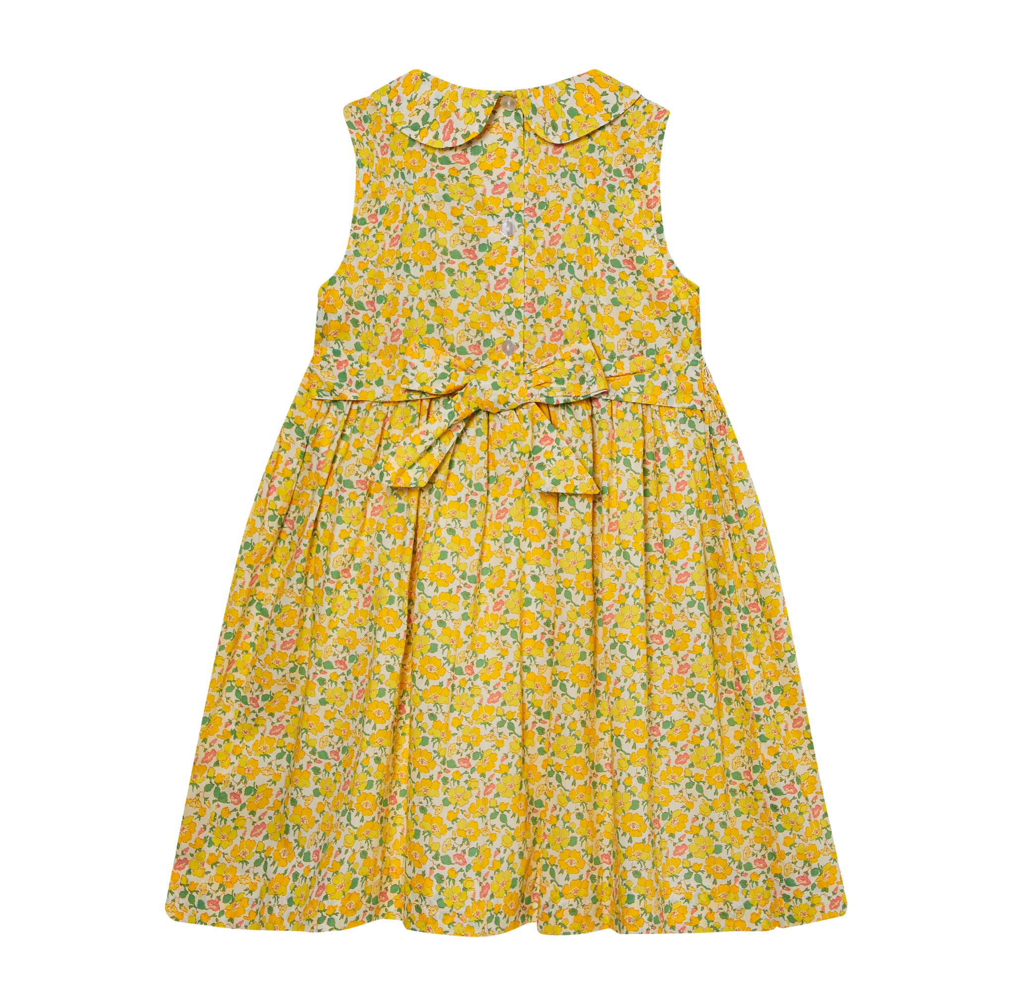 yellow floral dress made from Liberty fabric, hand-smcoked,back