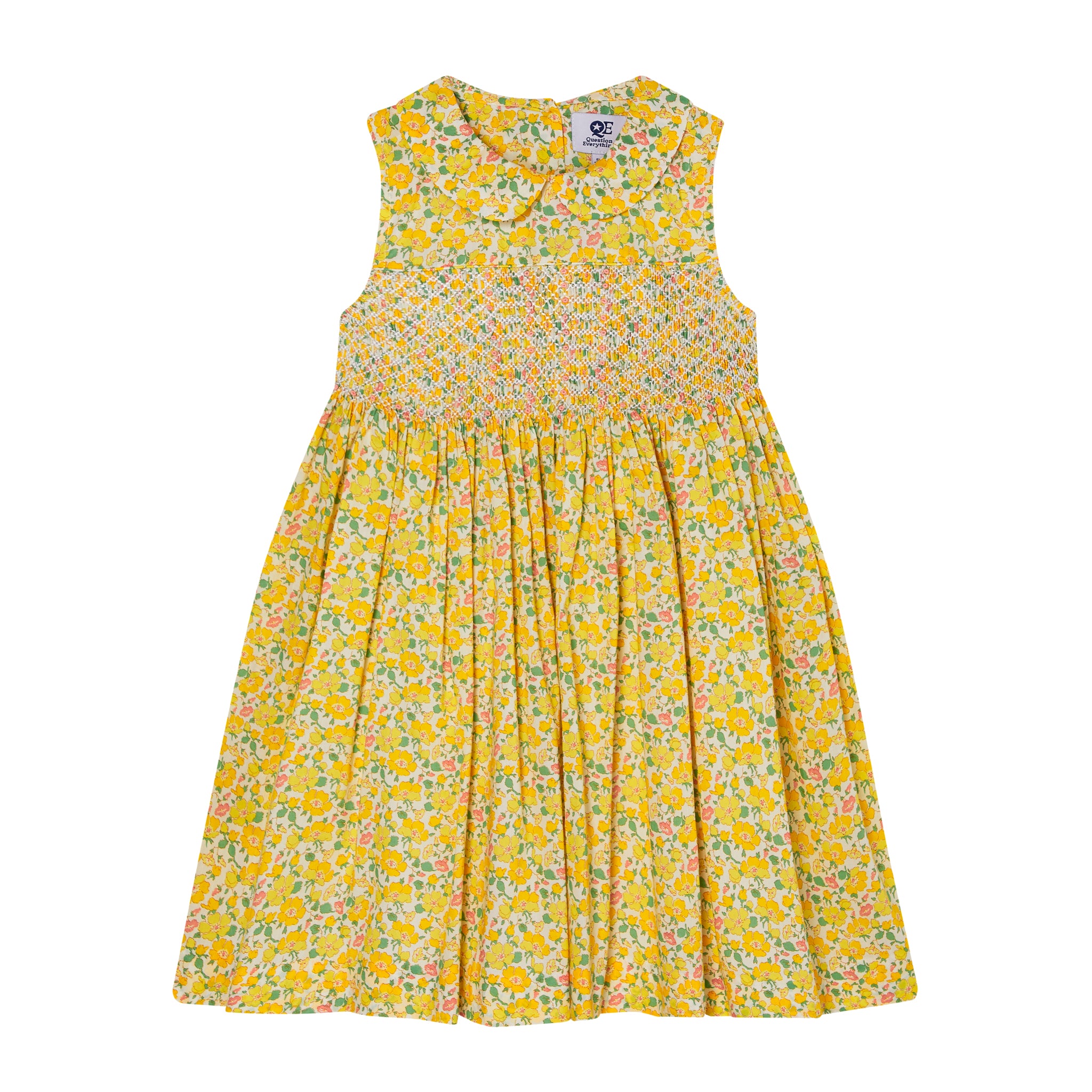 yellow floral dress made from Liberty fabric, hand-smcoked, front