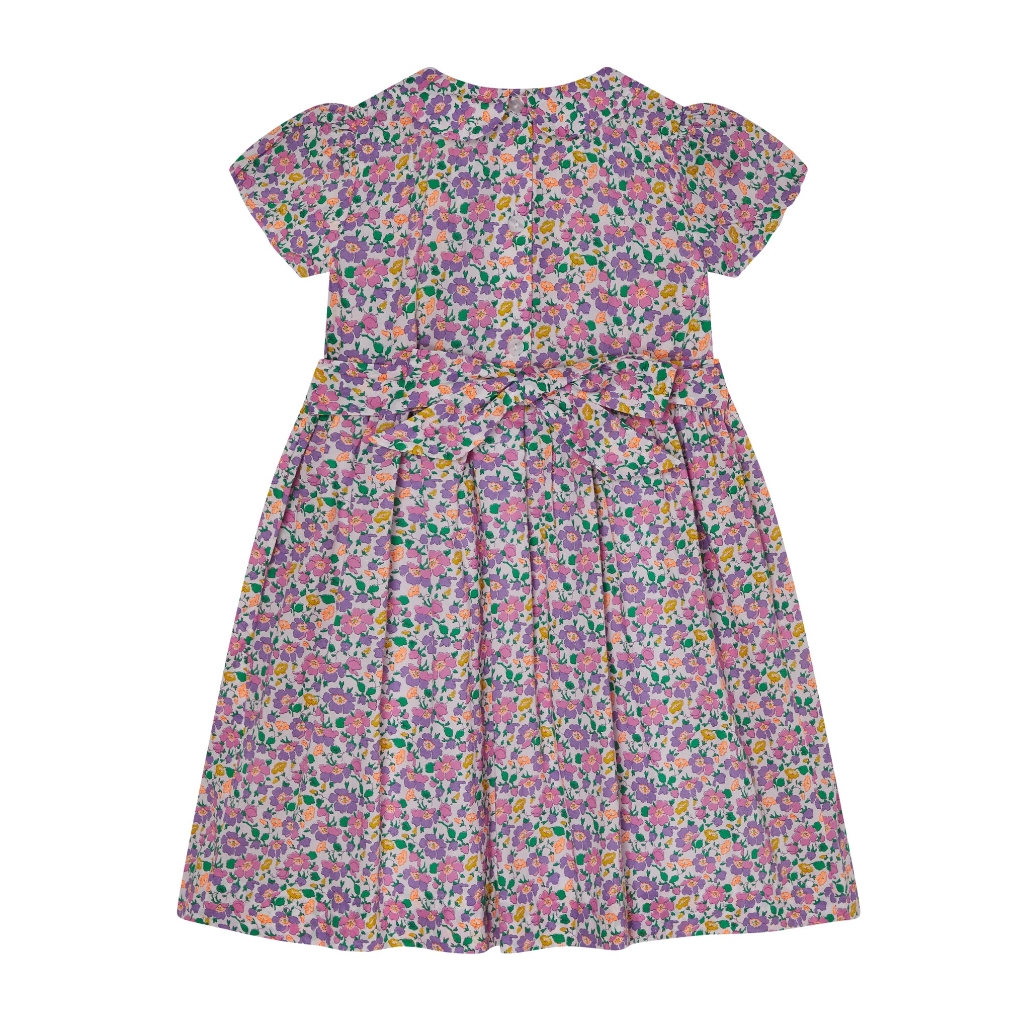 Liberty fabric girls dress, purple floral with neon detail, back 