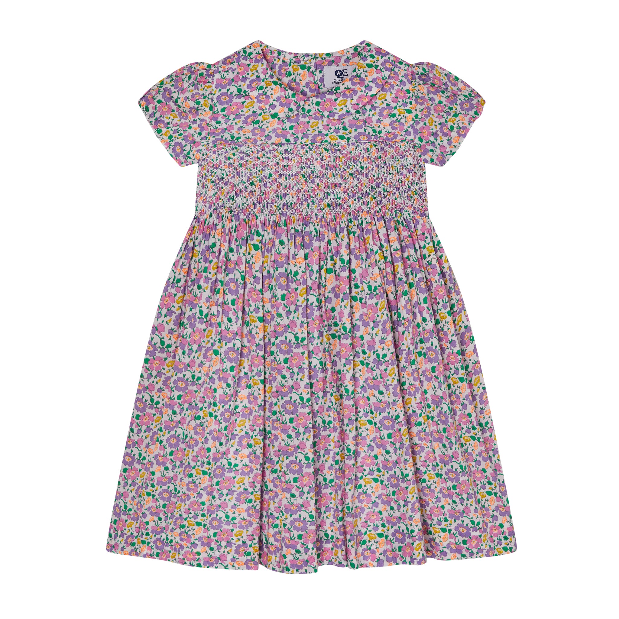 Liberty fabric girls dress, purple floral with neon detail, front