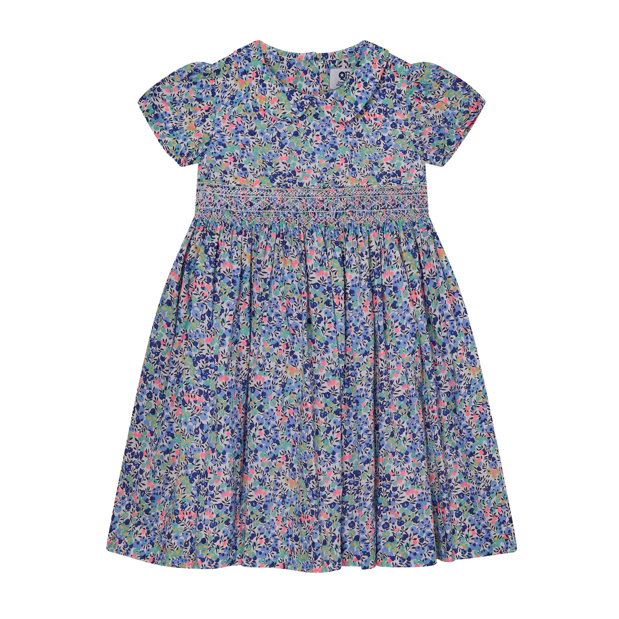 Hand-smocked girls dress made from Liberty fabric, blue floral, front