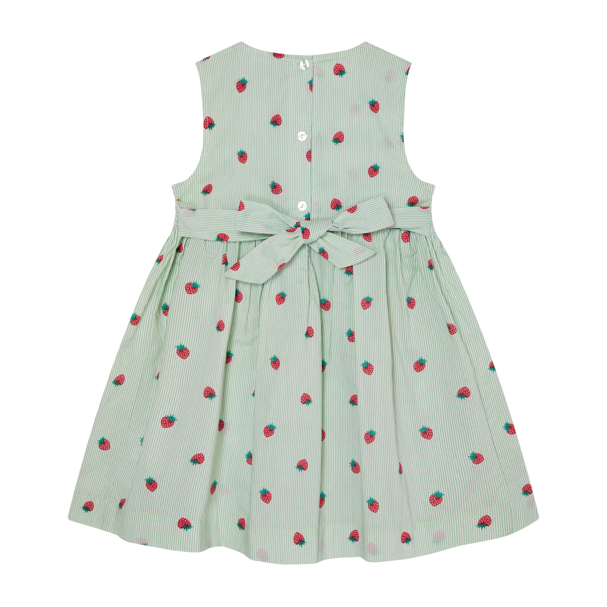 strawberries on  mint pinstripe dress for girls, back