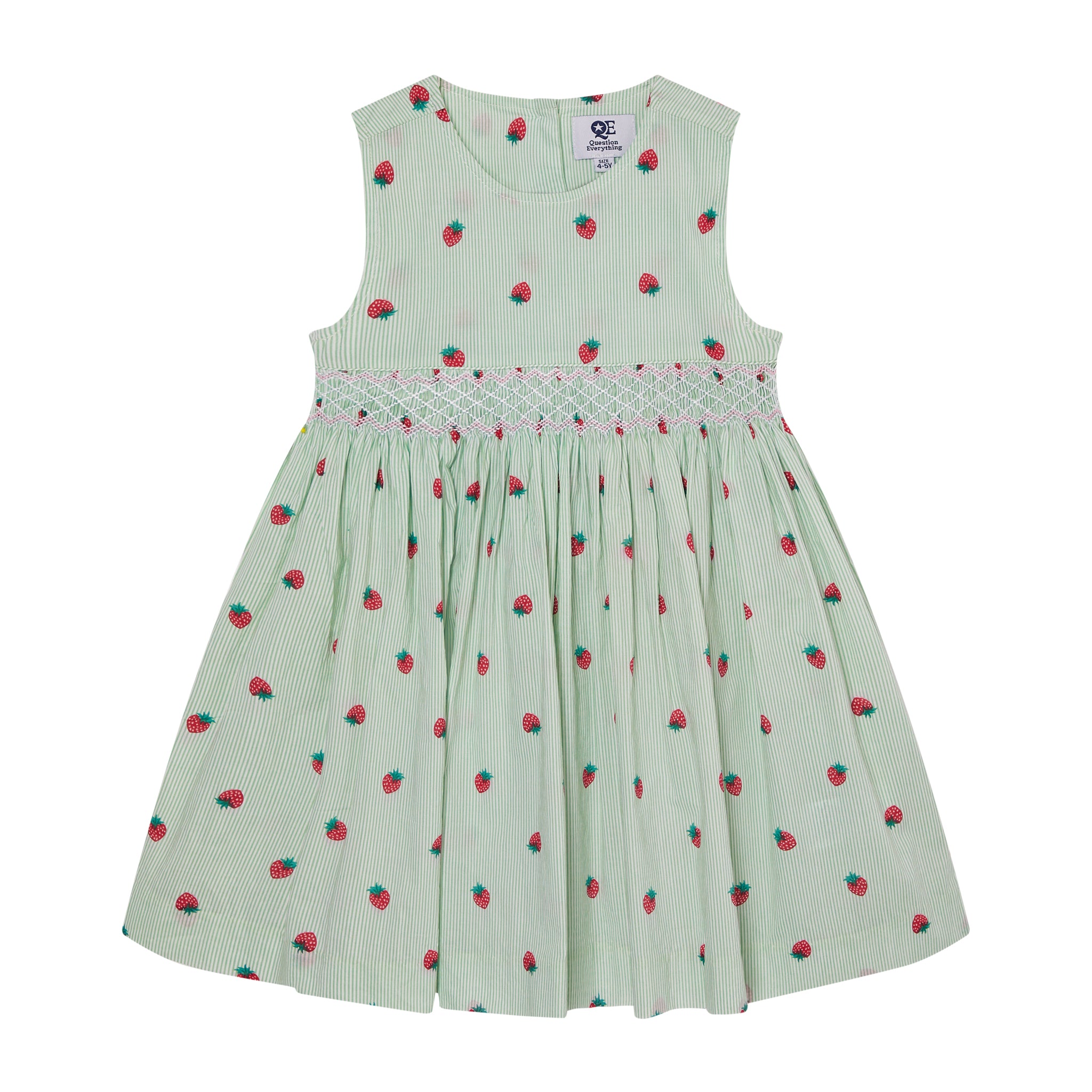 strawberries on  mint pinstripe dress for girls, front