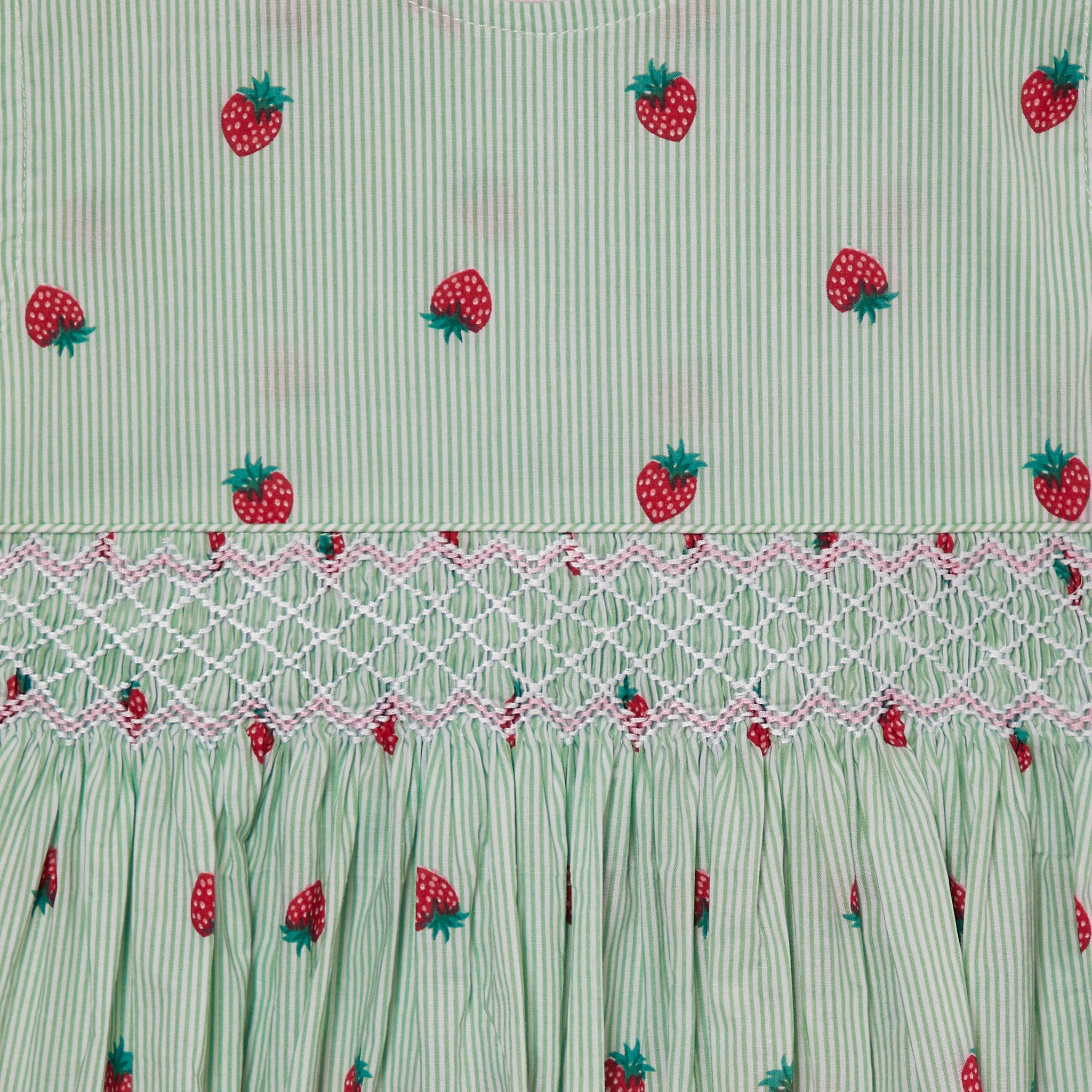 strawberries on  mint pinstripe dress for girls, closeup