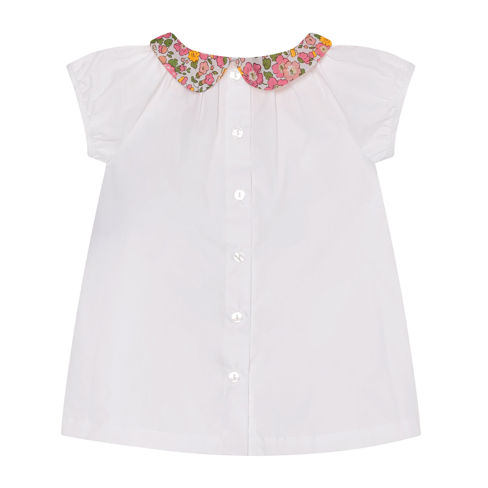 white blouse with floral collar amde from Liberty fabric, back