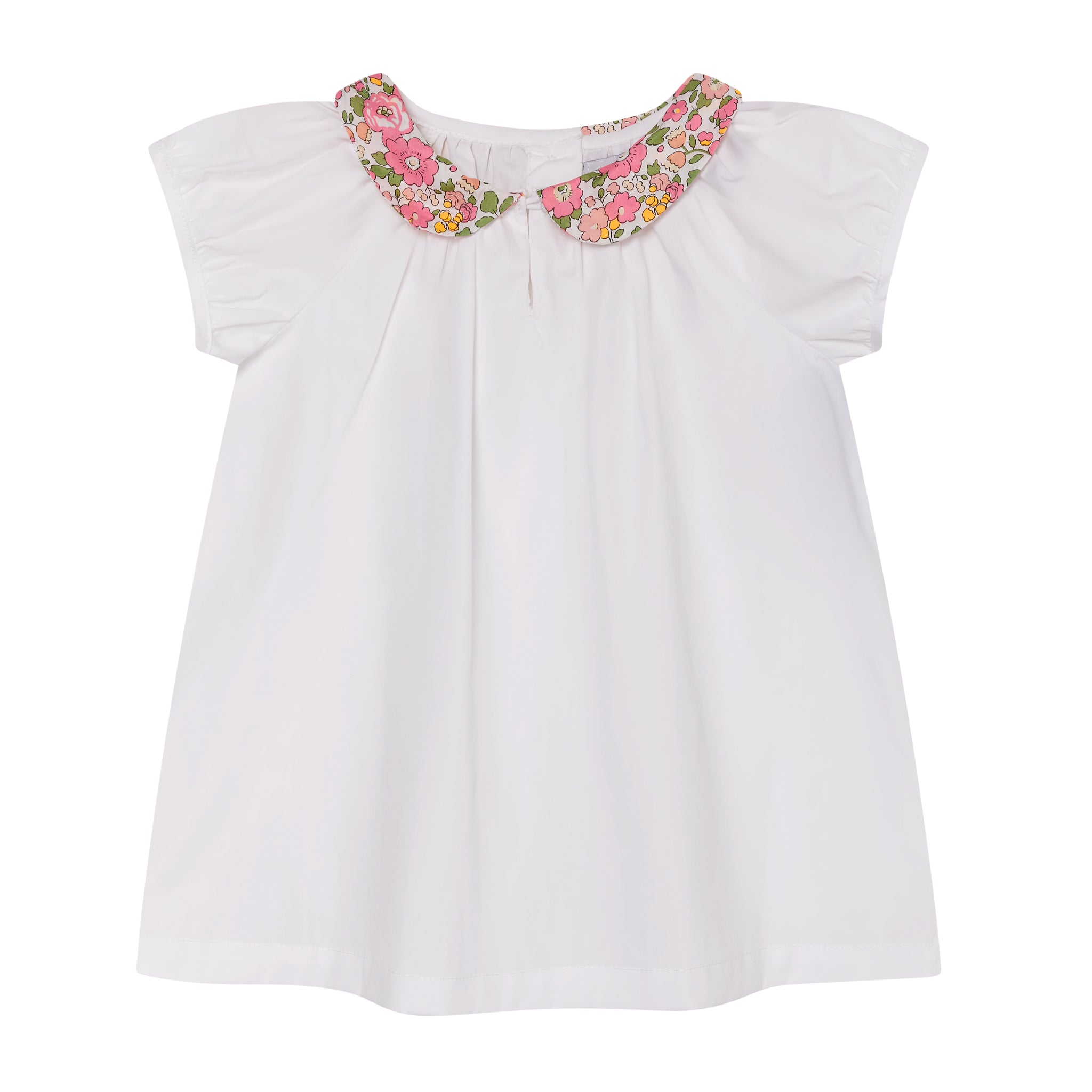 white blouse with floral collar amde from Liberty fabric, front