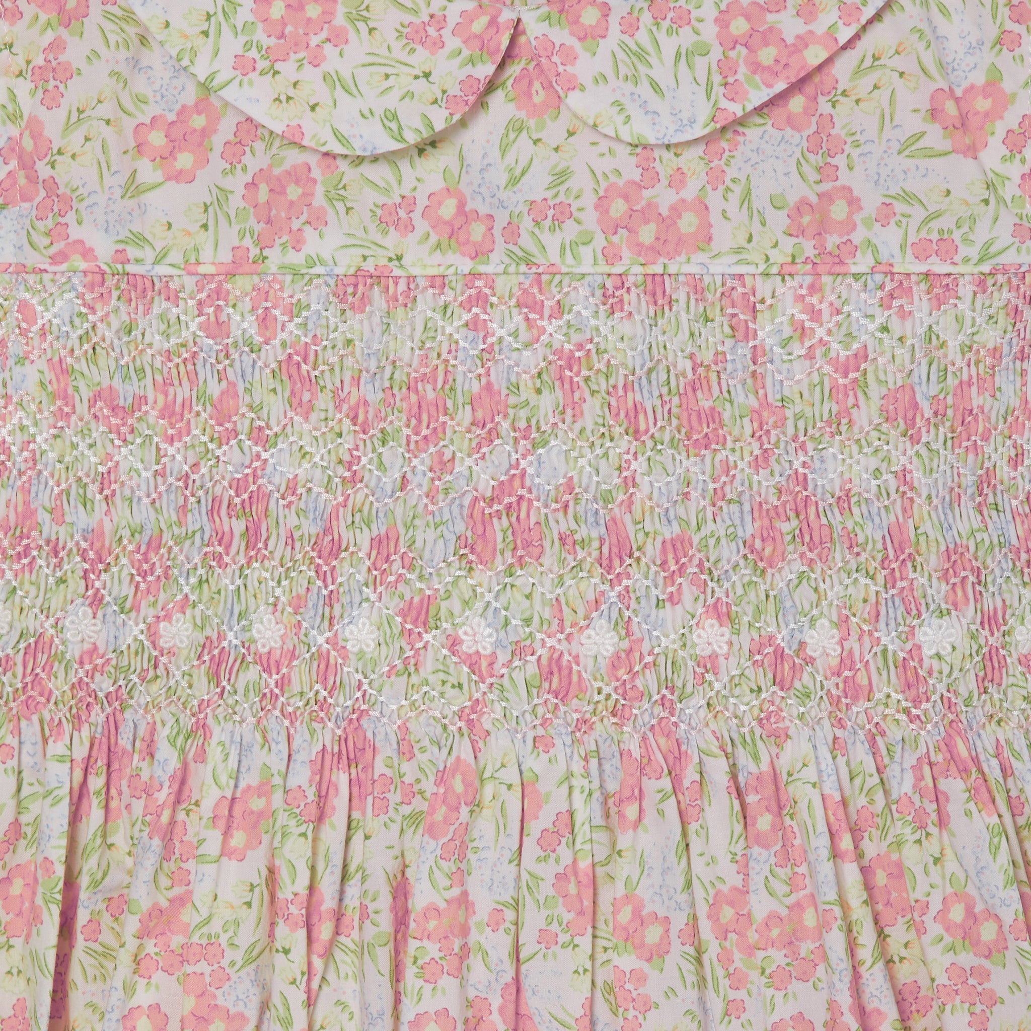 peach floral smock dress for girls, smocking detail