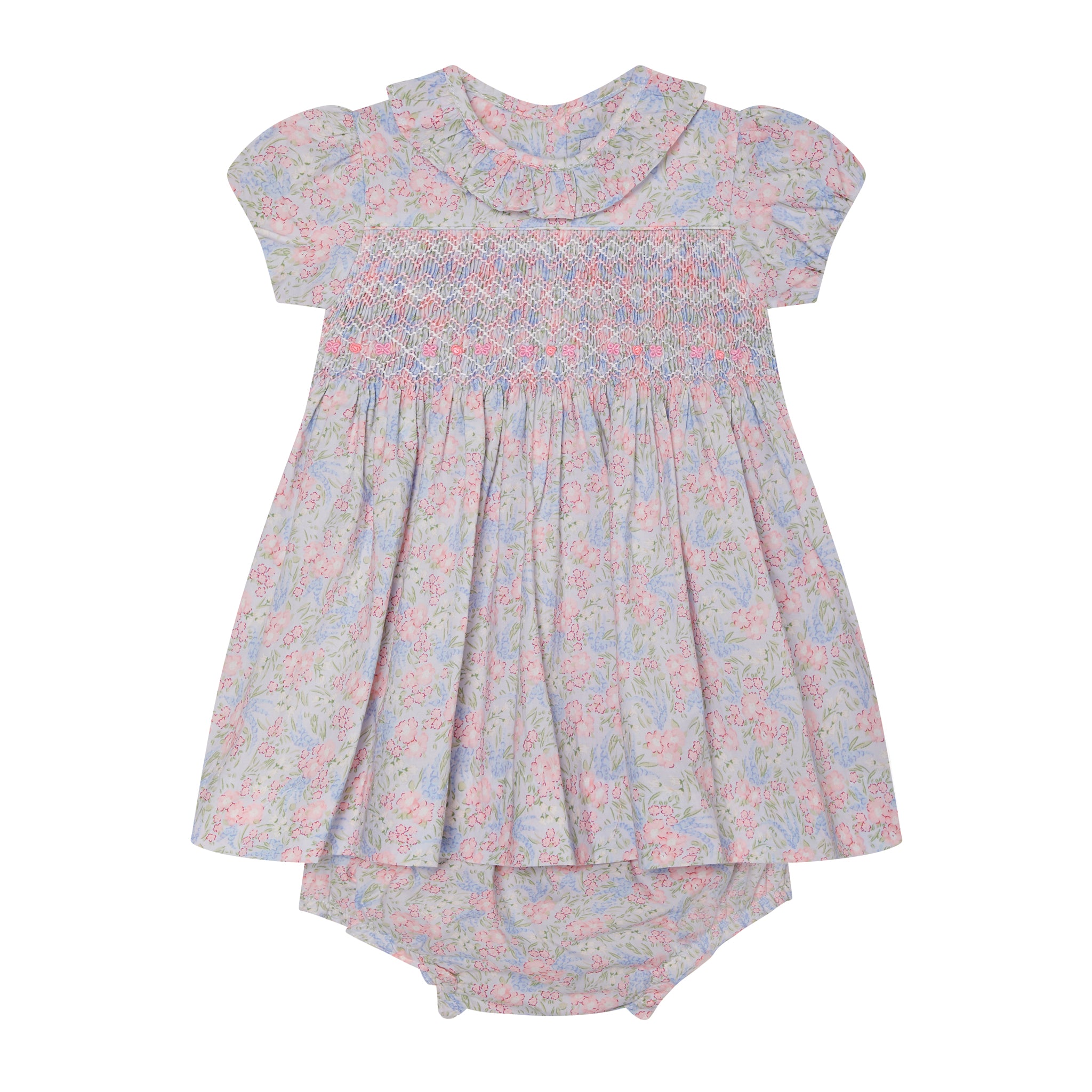 pastel floral hand-smocked baby dress with bloomers, front