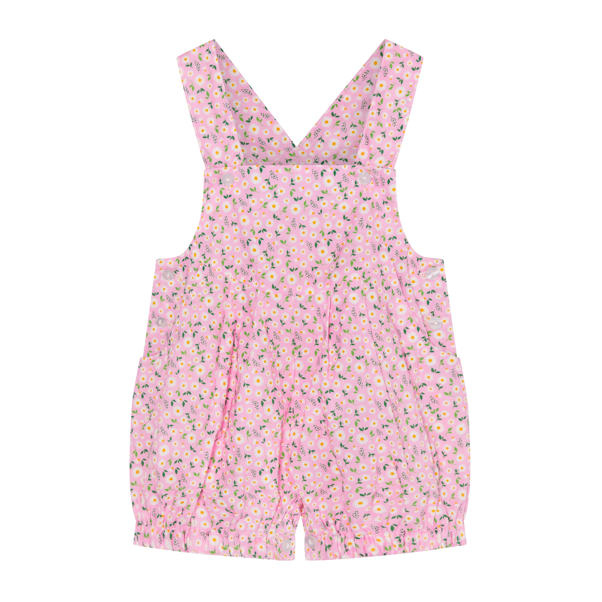 Pink baby dungaree, front