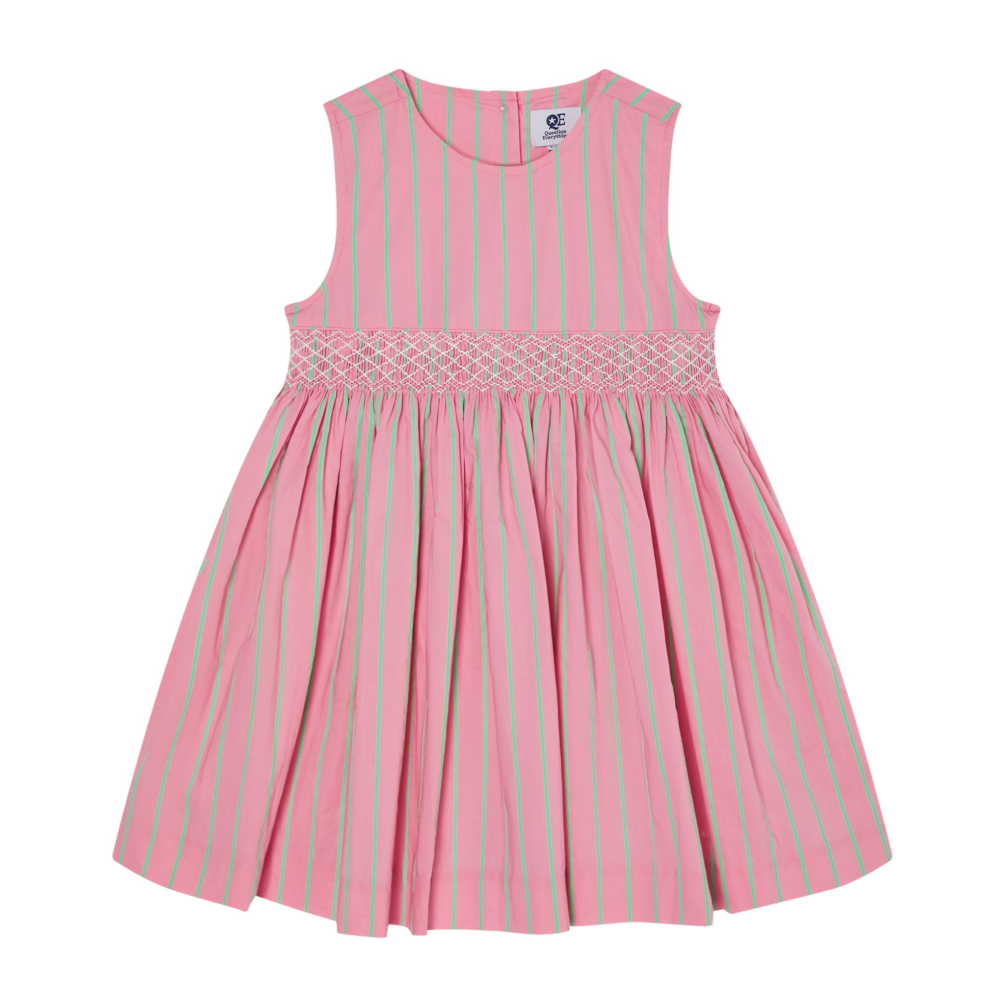 bright pink girls dress with neon green pinstripe, front