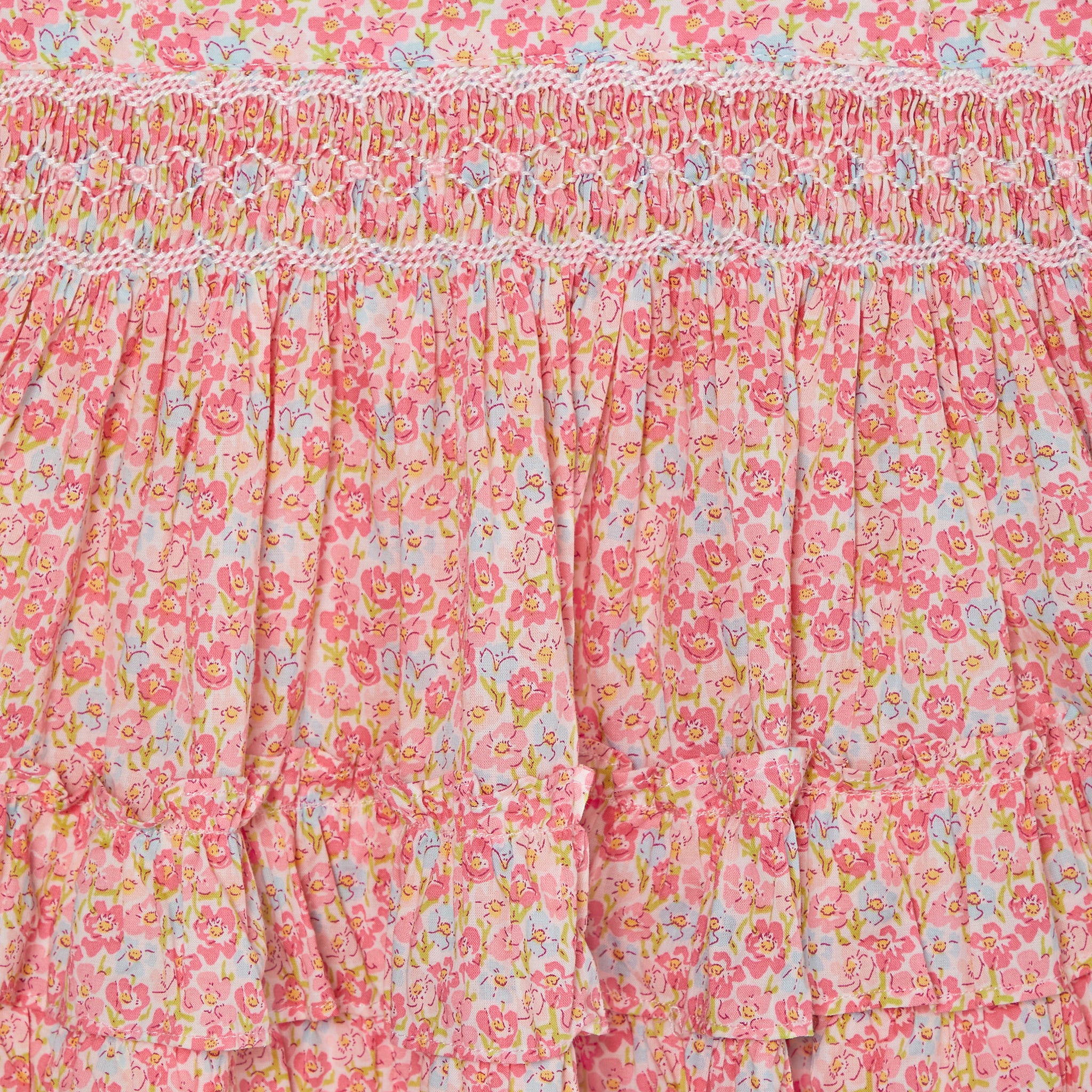 pink floral ruffle skirt for girls, smocking details