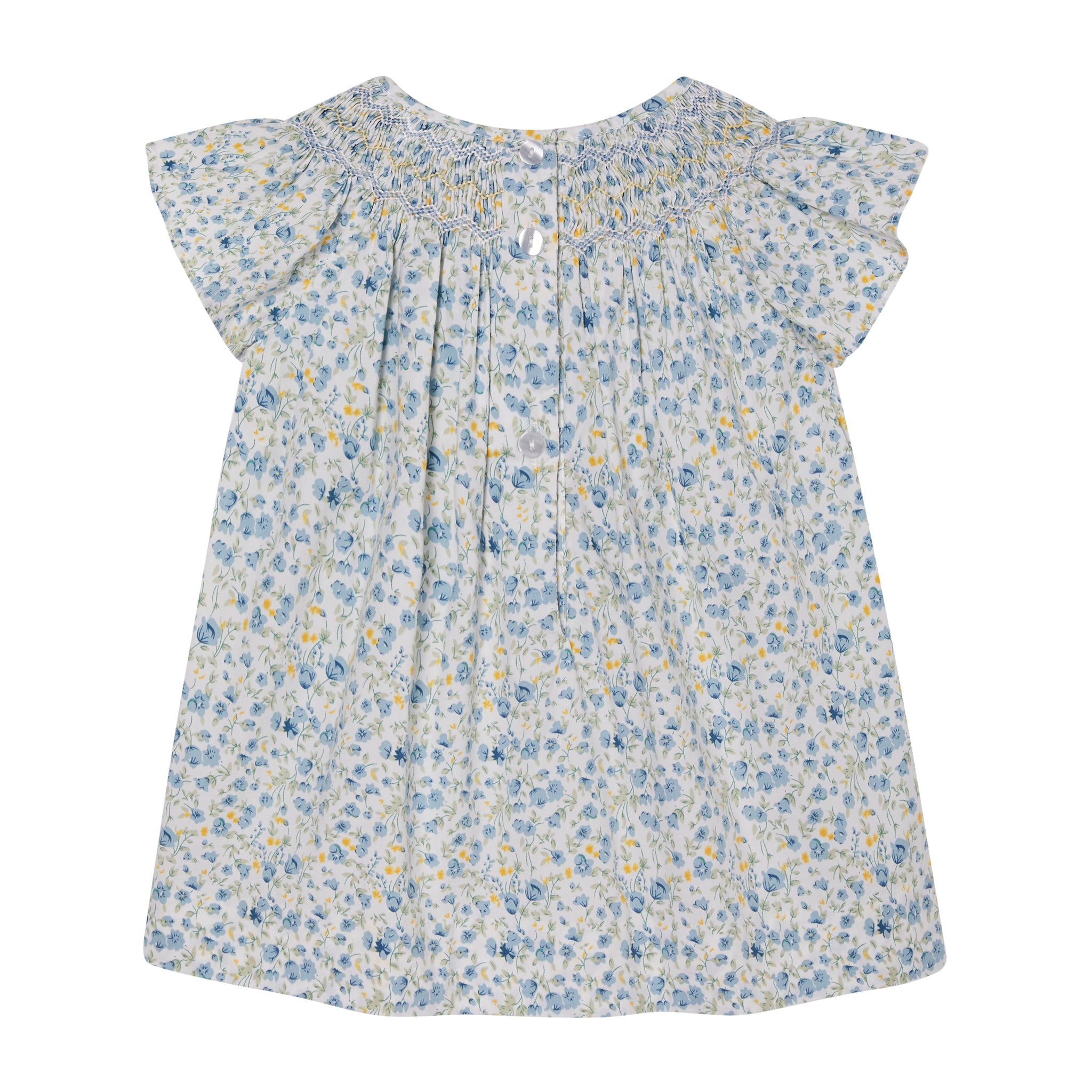 White and blue floral smock blouse, back