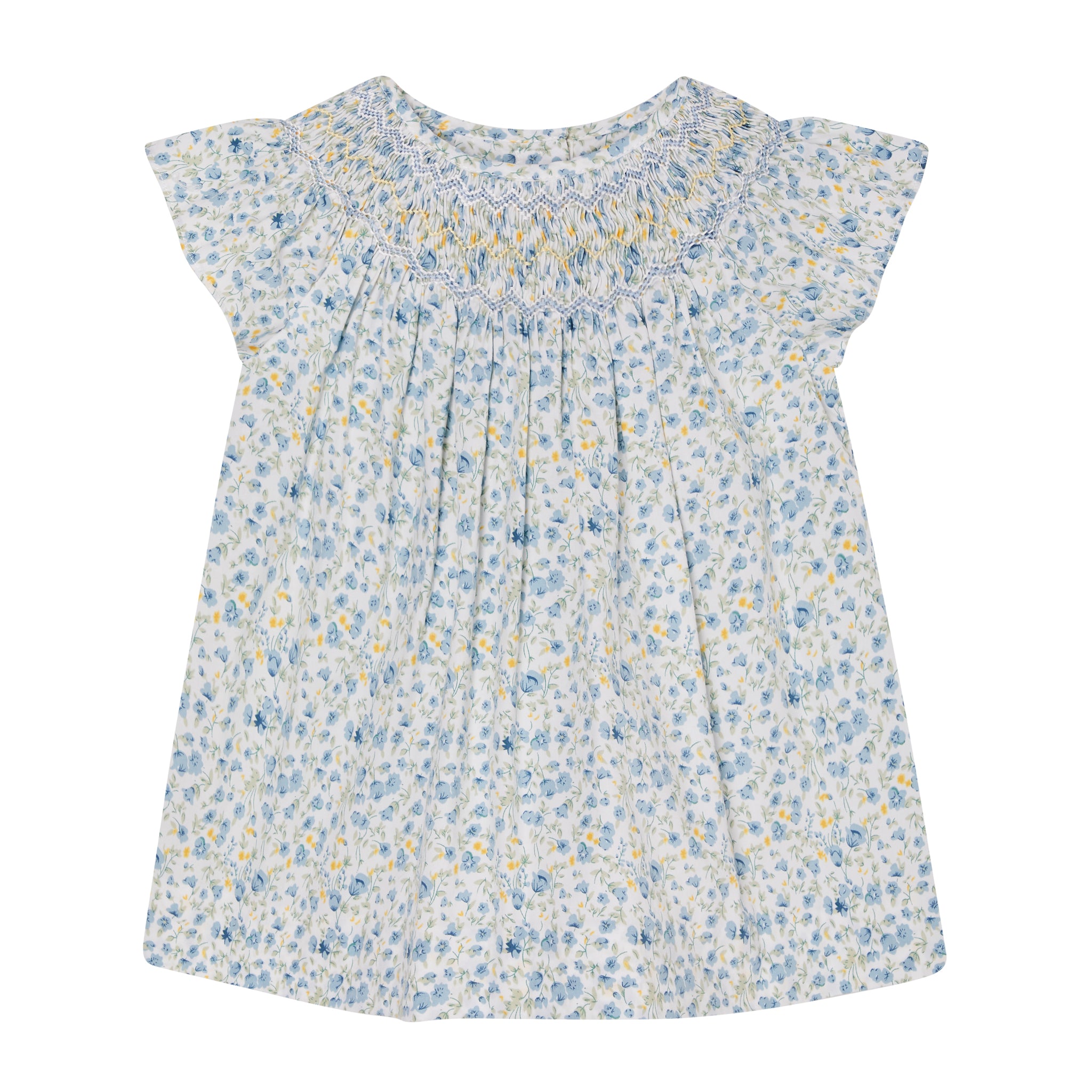 White and blue floral smock blouse, front