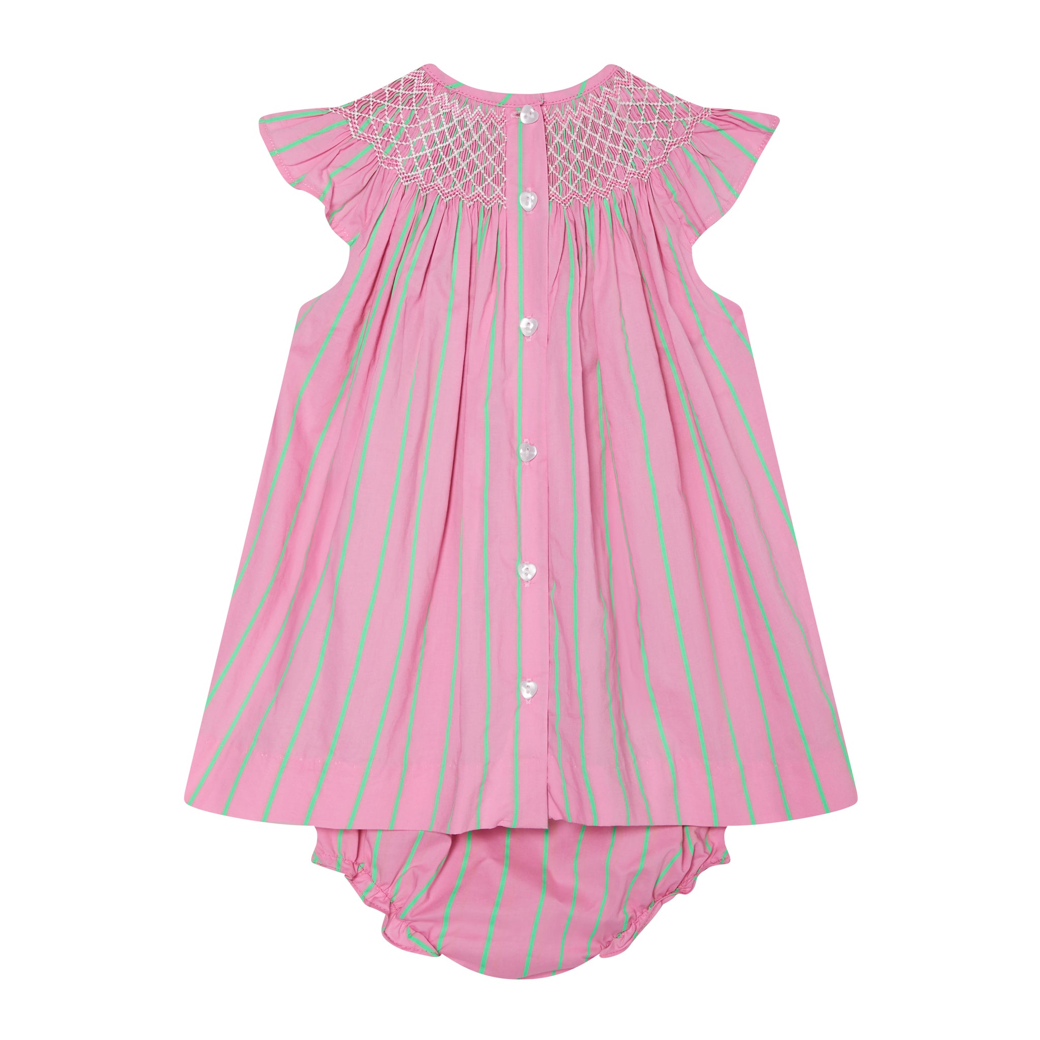 bright pink baby dress with stripes, back