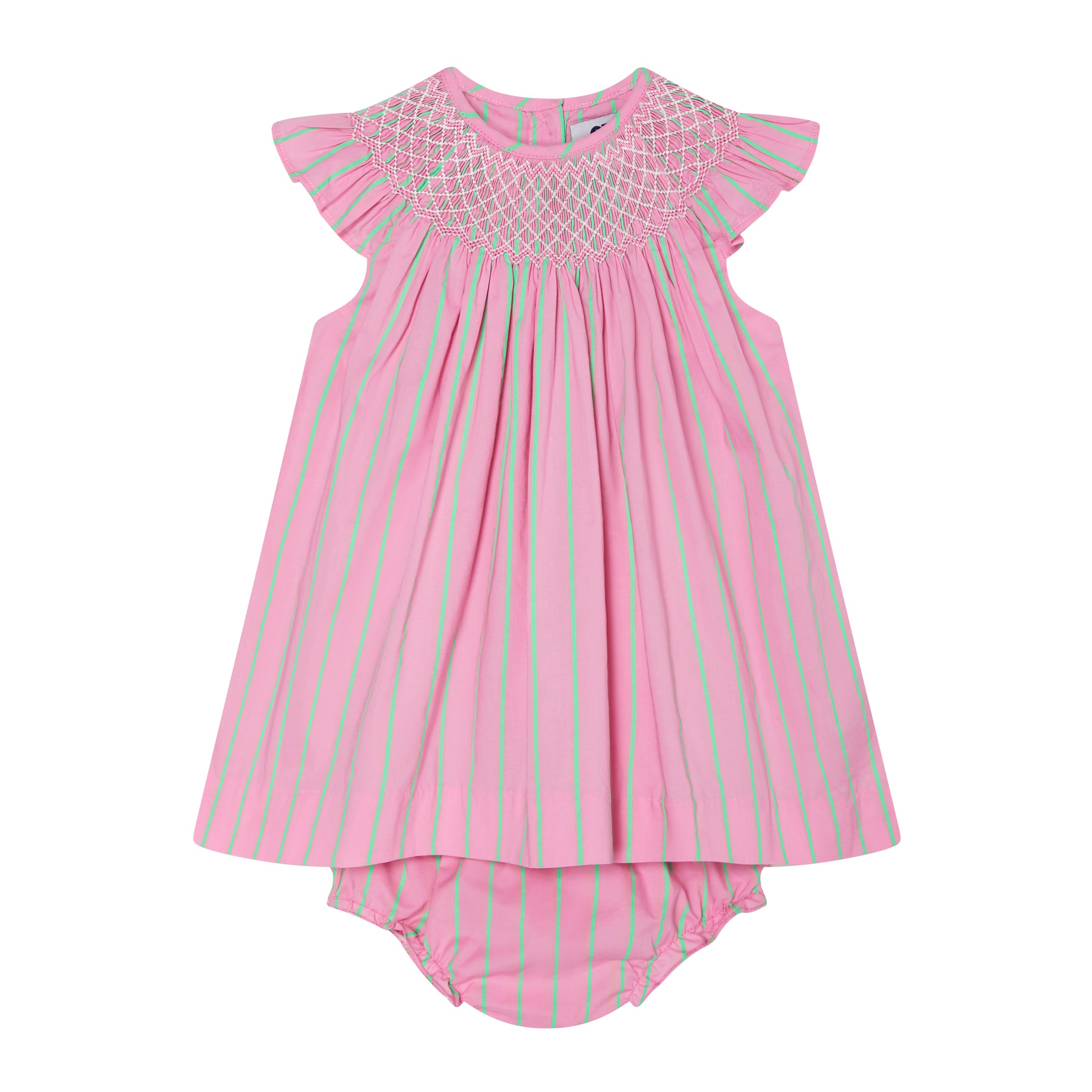 bright pink baby dress with stripes, front