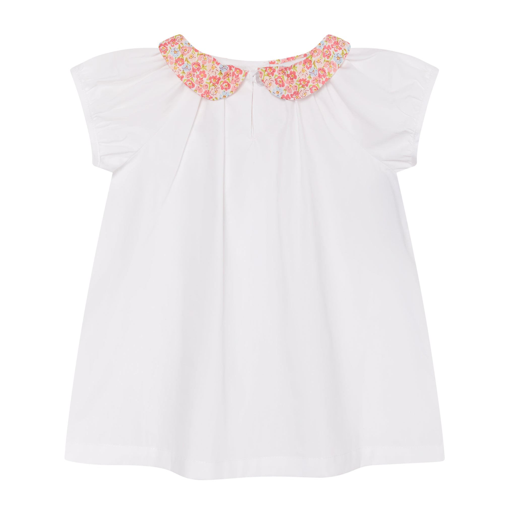 white baby blouse with pink floral collar, front