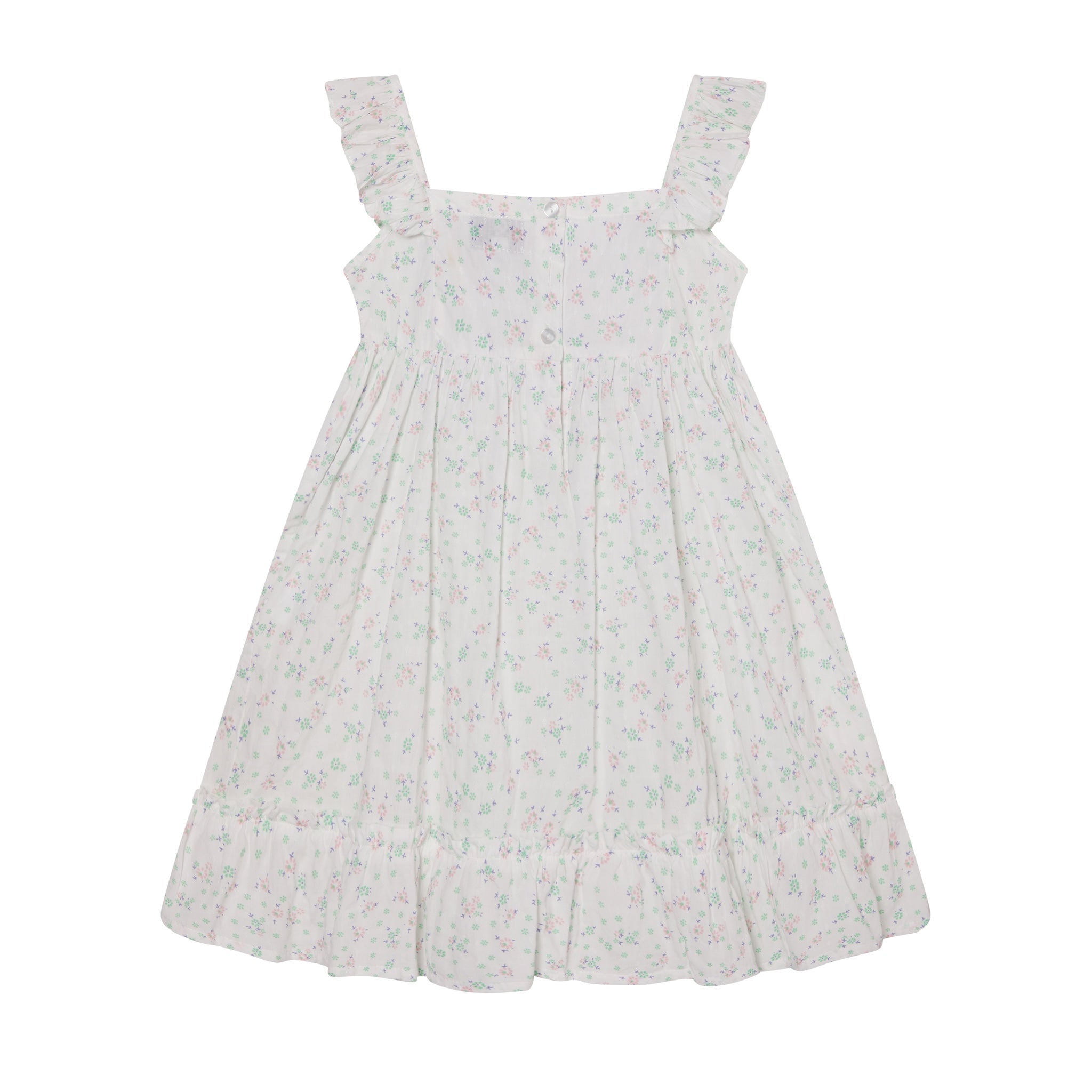 white floral sundress for girls with hand-smocking, back