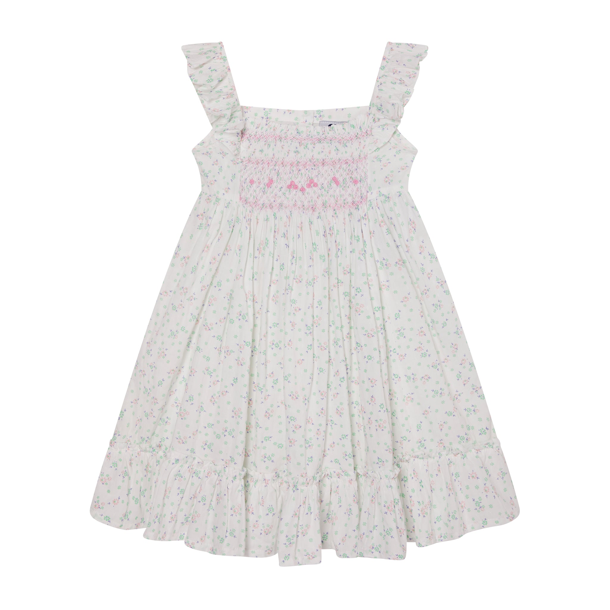 white floral sundress for girls with hand-smocking, front