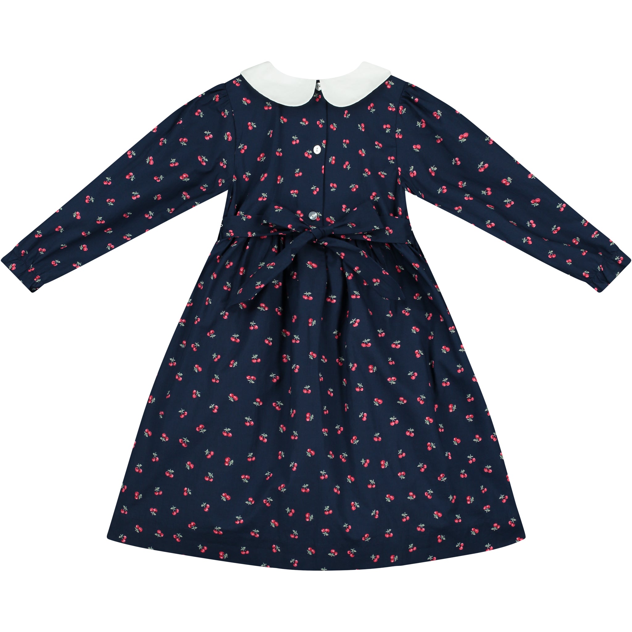 navy smock dress, cherry print, back